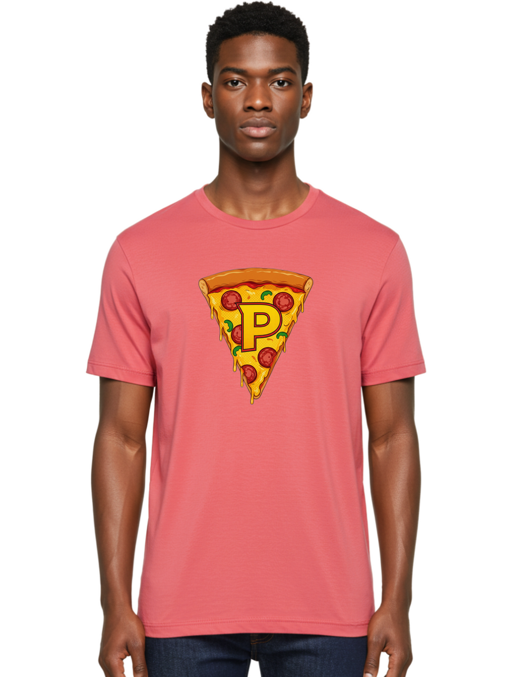 P-Pizza-Slice Men'S Graphic Tee, 100% Cotton, Comfortable Casual Summer Wear, Machine Washable, Pizza Slice, Melted Cheese, Pepperoni Toppings, Green Peppers, Italian Food, Letter P, Cartoon Style, Food Illustration, Cheesy Goodness, Bac206