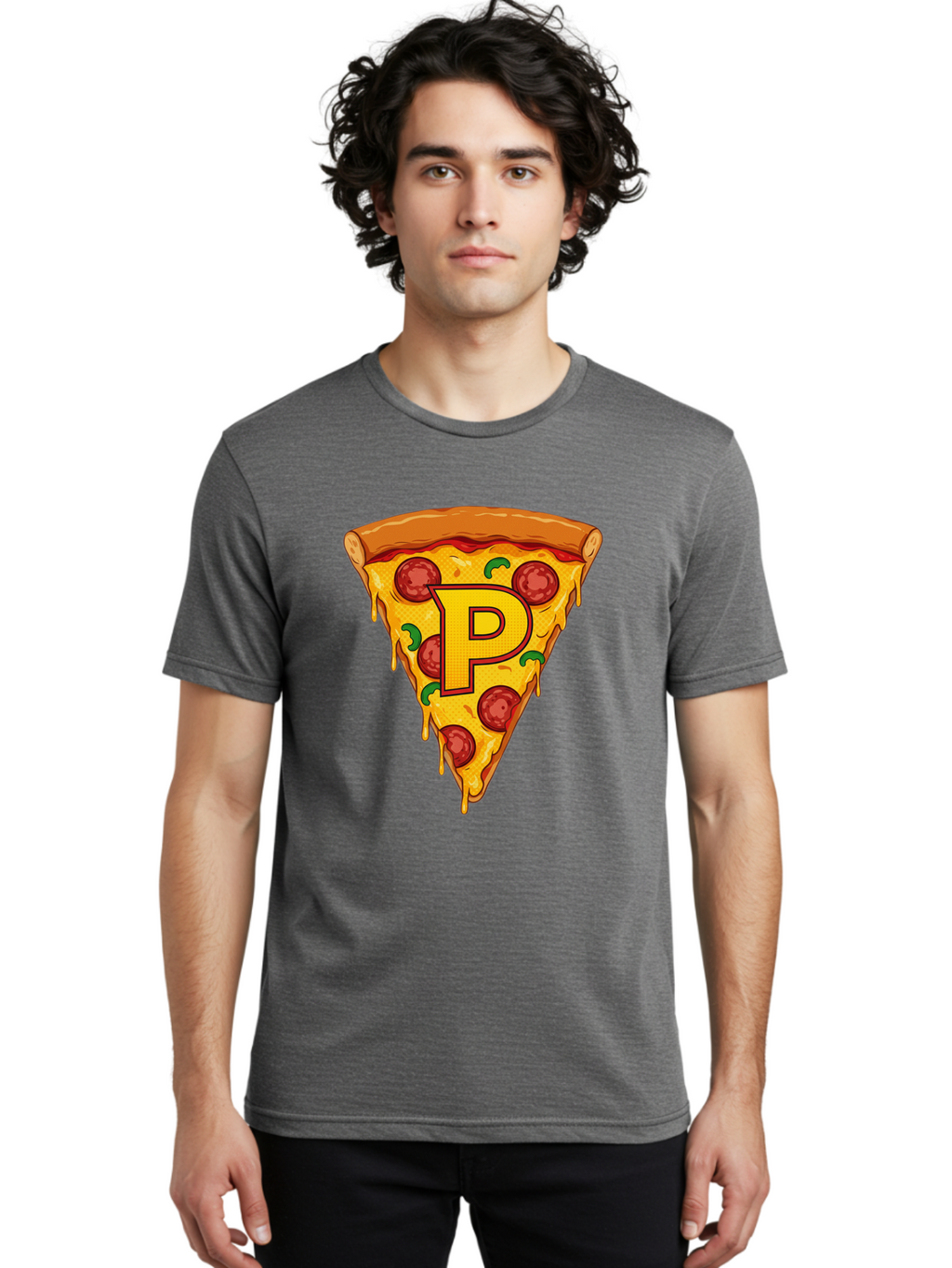 P-Pizza-Slice Men'S Graphic Tee, 100% Cotton, Comfortable Casual Summer Wear, Machine Washable, Pizza Slice, Melted Cheese, Pepperoni Toppings, Green Peppers, Italian Food, Letter P, Cartoon Style, Food Illustration, Cheesy Goodness, Bac206