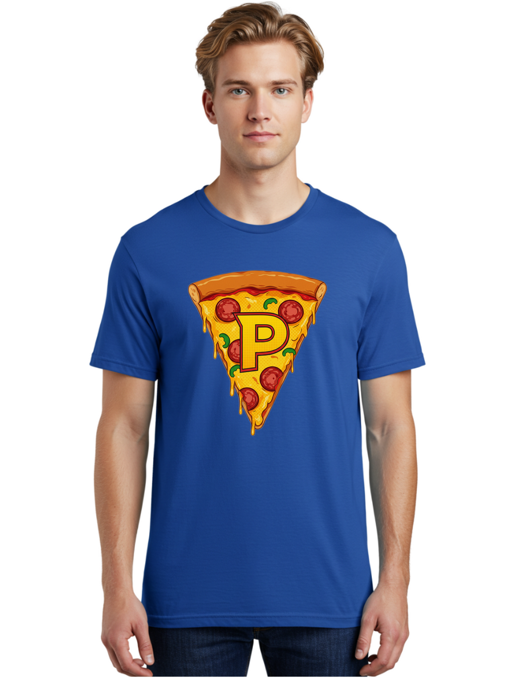 P-Pizza-Slice Men'S Graphic Tee, 100% Cotton, Comfortable Casual Summer Wear, Machine Washable, Pizza Slice, Melted Cheese, Pepperoni Toppings, Green Peppers, Italian Food, Letter P, Cartoon Style, Food Illustration, Cheesy Goodness, Bac206