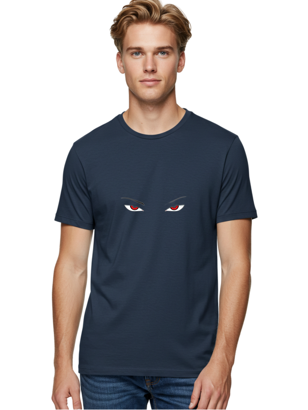 Pair-Of-Eyes Men'S Graphic Tee, 100% Cotton, Comfortable Casual Summer Wear, Machine Washable, Cartoon Eyes, Red Irises, White Eyes, Black Eyebrows, Anime Style, Simple Design, Bold Colors, Eye Contact Bac207