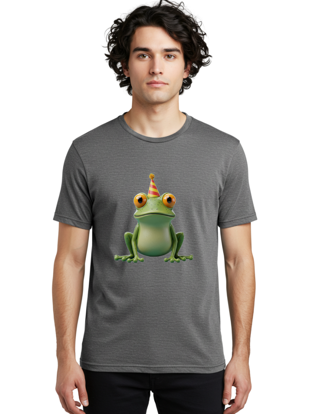 Party-Frog-1 Men'S Graphic Tee, 100% Cotton, Comfortable Casual Summer Wear, Machine Washable, Funny Frog, Cartoon Character, Party Hat, Celebration Theme, Festive Atmosphere, Birthday Party, Humorous Illustration, 3D Rendering, Comical Eyes Bac209