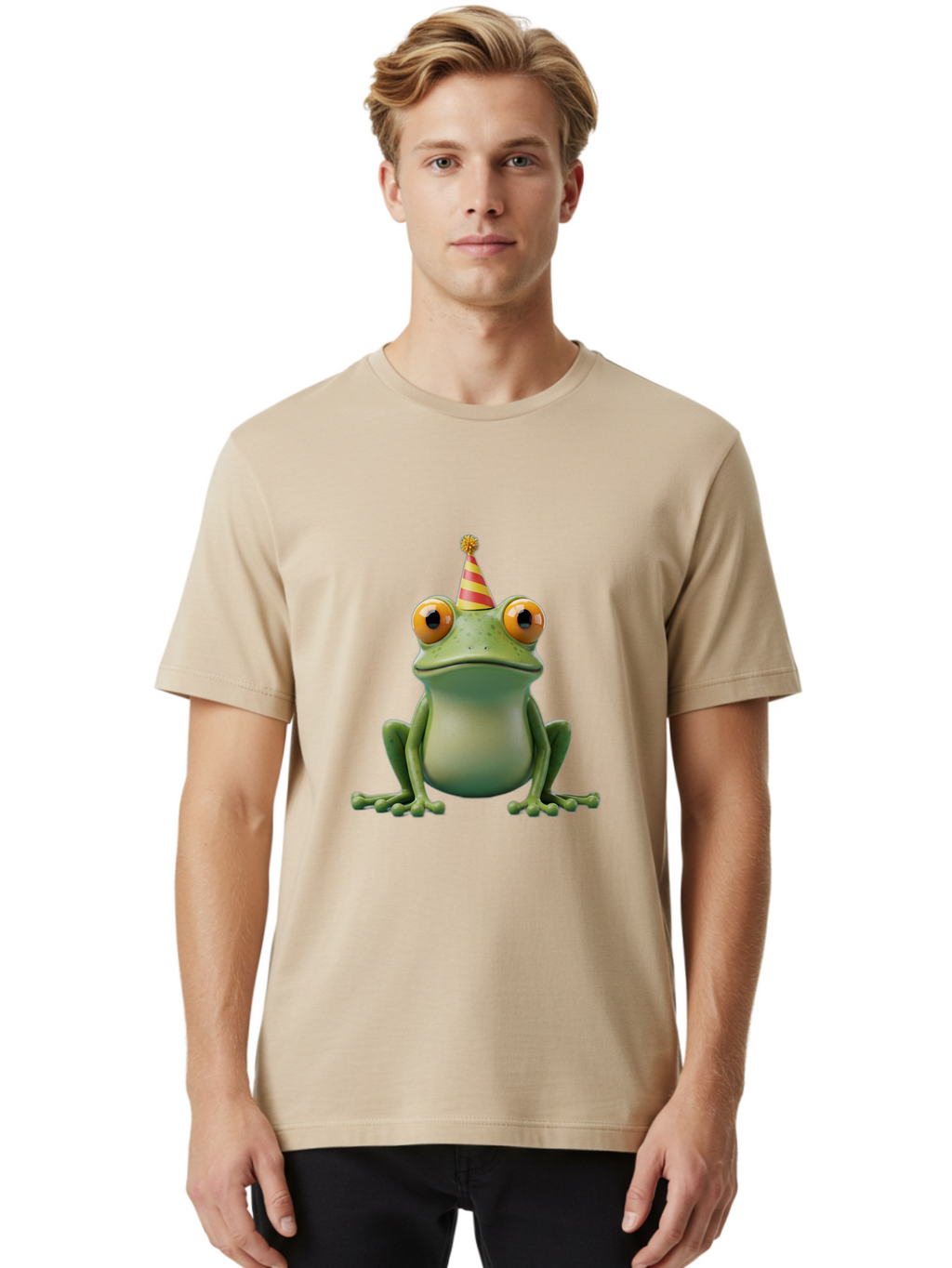 Party-Frog-1 Men'S Graphic Tee, 100% Cotton, Comfortable Casual Summer Wear, Machine Washable, Funny Frog, Cartoon Character, Party Hat, Celebration Theme, Festive Atmosphere, Birthday Party, Humorous Illustration, 3D Rendering, Comical Eyes Bac209