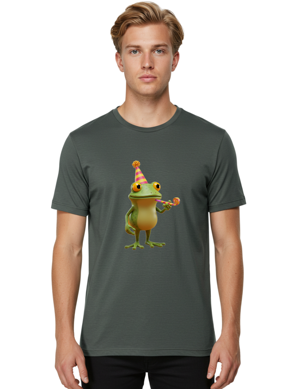 Party-Frog-2 Men'S Graphic Tee, 100% Cotton, Comfortable Casual Summer Wear, Machine Washable, Funny Cartoon Frog, Party Hat, Blowout Noise Maker, Playful Gesture, Whimsical Character, Vibrant Colors, Celebratory Mood, Comical Image, Bac210