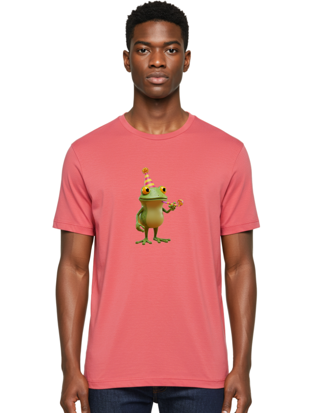 Party-Frog-2 Men'S Graphic Tee, 100% Cotton, Comfortable Casual Summer Wear, Machine Washable, Funny Cartoon Frog, Party Hat, Blowout Noise Maker, Playful Gesture, Whimsical Character, Vibrant Colors, Celebratory Mood, Comical Image, Bac210