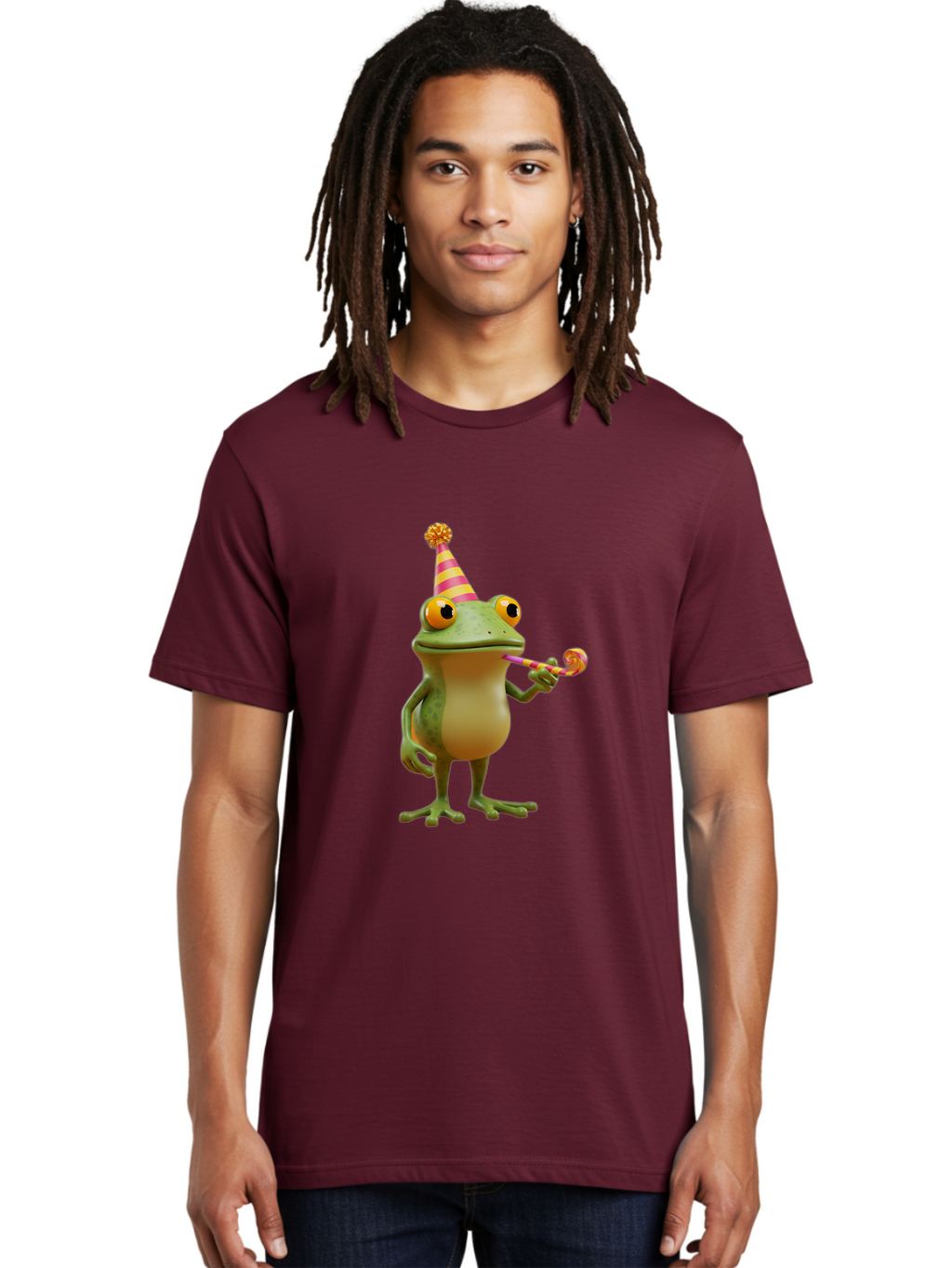 Party-Frog-2 Men'S Graphic Tee, 100% Cotton, Comfortable Casual Summer Wear, Machine Washable, Funny Cartoon Frog, Party Hat, Blowout Noise Maker, Playful Gesture, Whimsical Character, Vibrant Colors, Celebratory Mood, Comical Image, Bac210