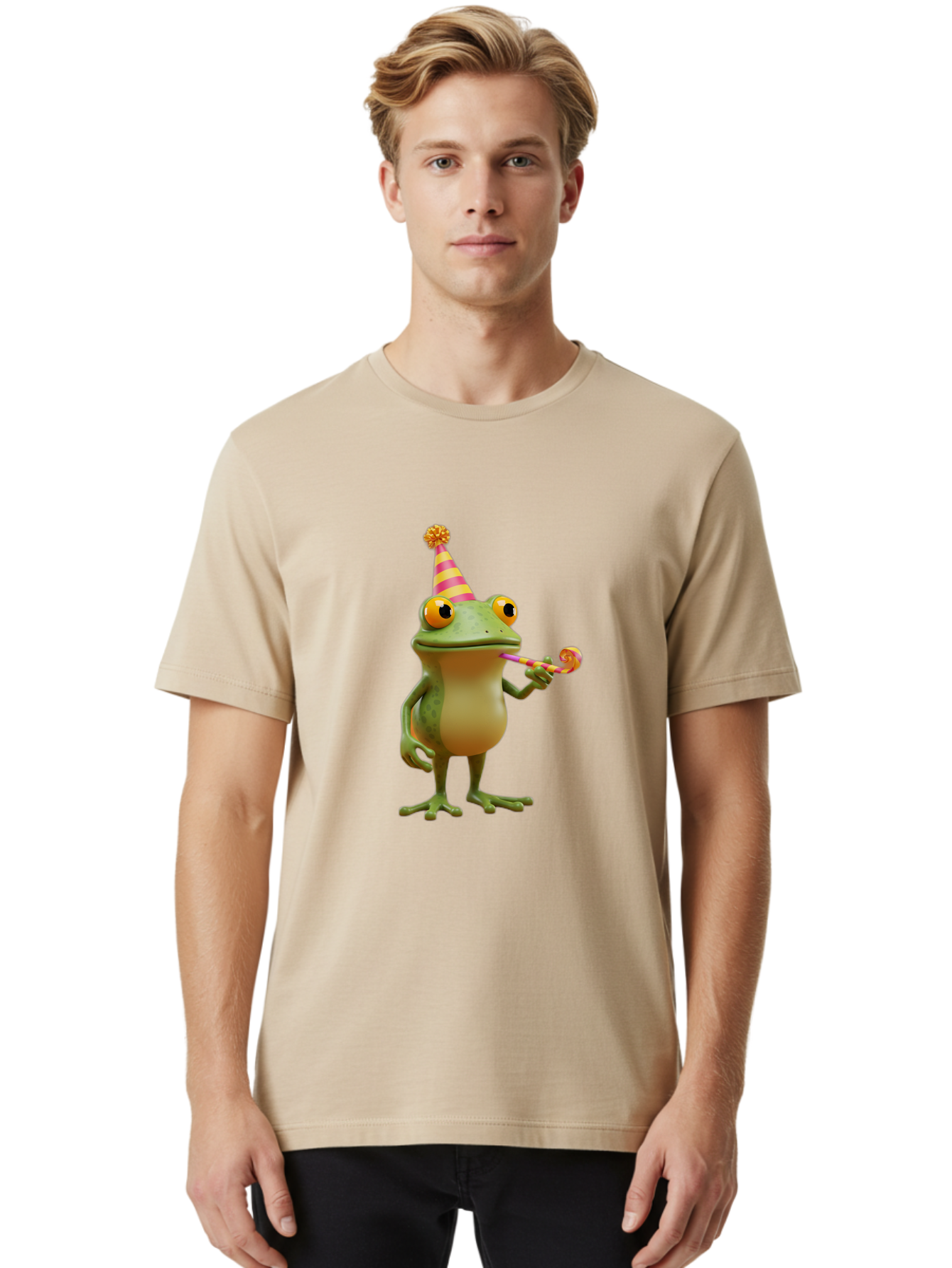 Party-Frog-2 Men'S Graphic Tee, 100% Cotton, Comfortable Casual Summer Wear, Machine Washable, Funny Cartoon Frog, Party Hat, Blowout Noise Maker, Playful Gesture, Whimsical Character, Vibrant Colors, Celebratory Mood, Comical Image, Bac210