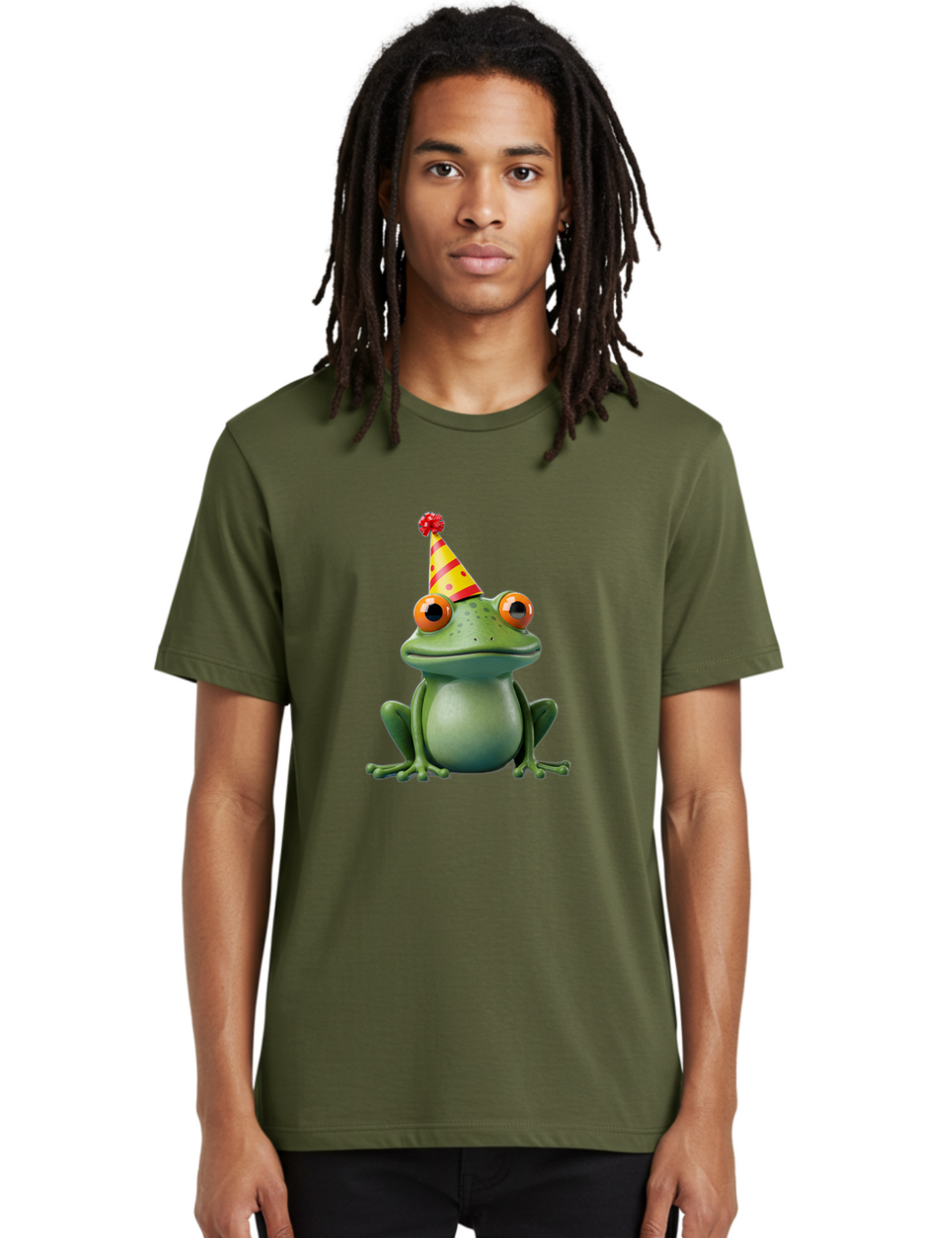 Party-Frog-3 Men'S Graphic Tee, 100% Cotton, Comfortable Casual Summer Wear, Machine Washable, Cartoon Frog, Party Hat, Festive Atmosphere, Celebration Mode, Fun And Playful, Vibrant Colors, Happy Mood, 3D Rendering, Humorous Character, Bac211
