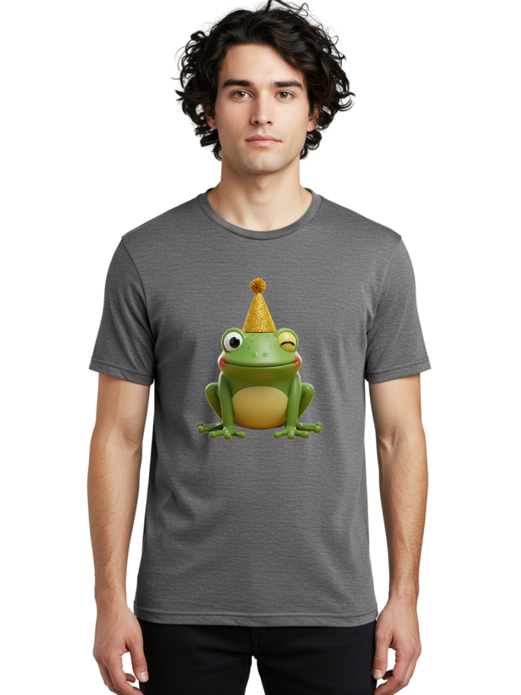 Party-Frog-5 Men'S Graphic Tee, 100% Cotton, Comfortable Casual Summer Wear, Machine Washable, Funny Cartoon Frog, Party Hat, Gold Confetti Hat, Celebration, Happiness, Cute Amphibian, Party Animal, Humorous Illustration, Whimsical Design, Bac213