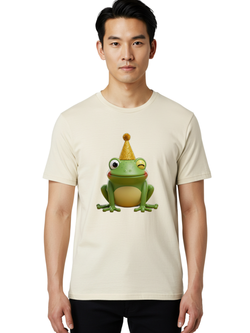Party-Frog-5 Men'S Graphic Tee, 100% Cotton, Comfortable Casual Summer Wear, Machine Washable, Funny Cartoon Frog, Party Hat, Gold Confetti Hat, Celebration, Happiness, Cute Amphibian, Party Animal, Humorous Illustration, Whimsical Design, Bac213