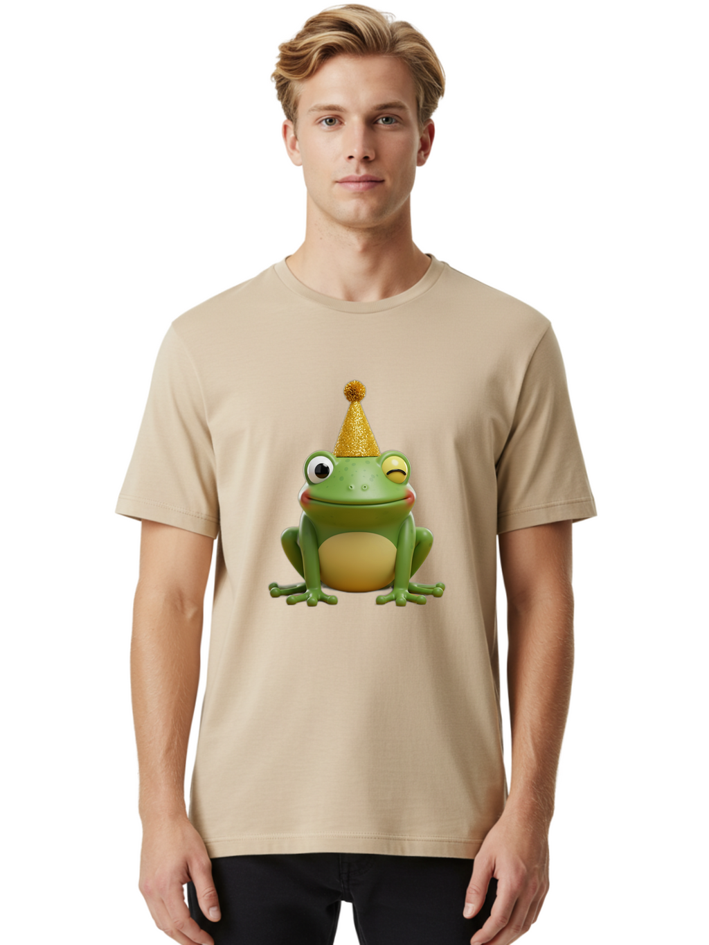 Party-Frog-5 Men'S Graphic Tee, 100% Cotton, Comfortable Casual Summer Wear, Machine Washable, Funny Cartoon Frog, Party Hat, Gold Confetti Hat, Celebration, Happiness, Cute Amphibian, Party Animal, Humorous Illustration, Whimsical Design, Bac213