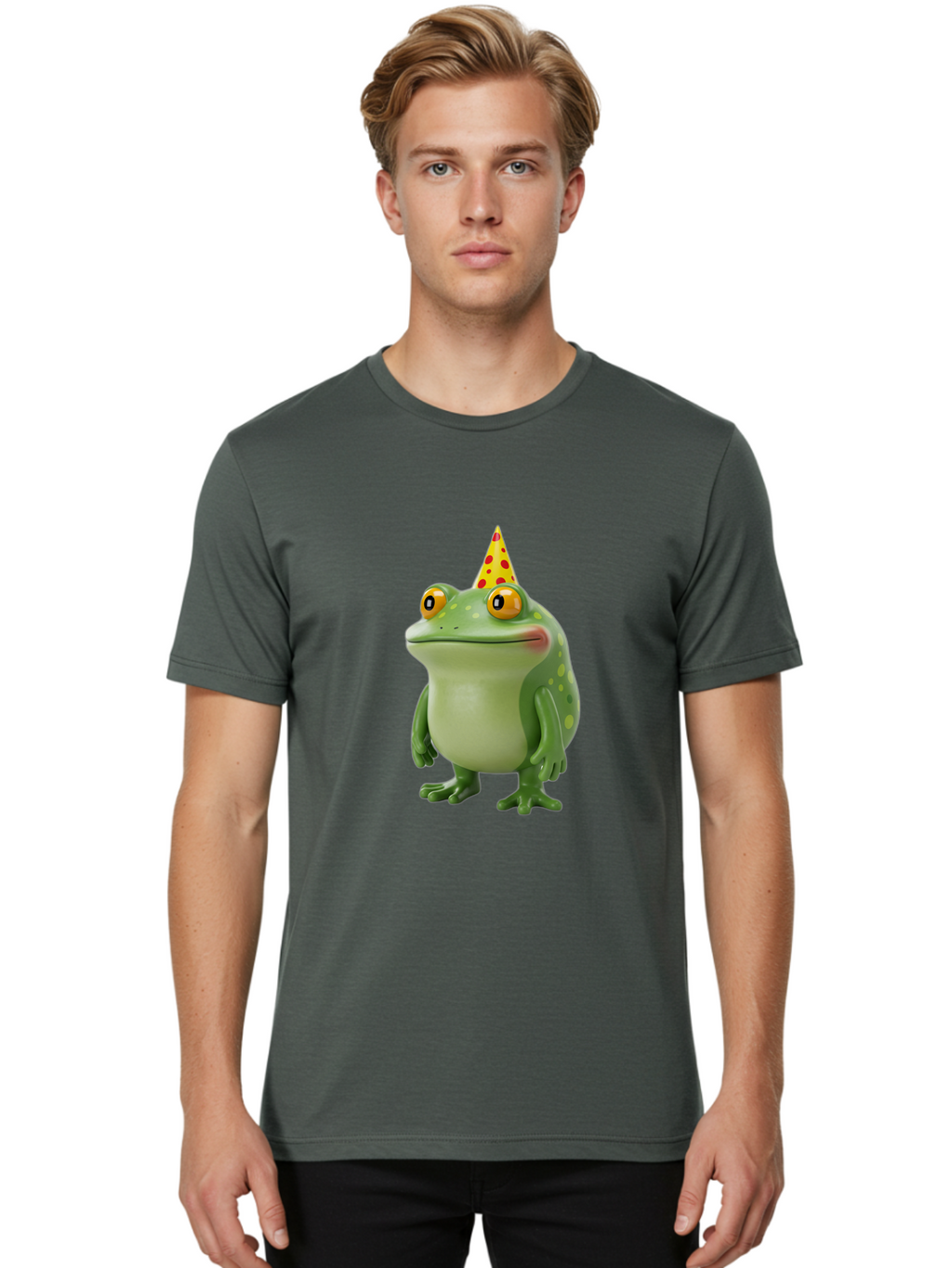 Party-Frog-Hat Men'S Graphic Tee, 100% Cotton, Comfortable Casual Summer Wear, Machine Washable, Cartoon Frog, Birthday Party, Festive Atmosphere, Yellow Party Hat, Red Polka Dots, Large Orange Eyes, Green Amphibian, Fun Celebration, Bac214