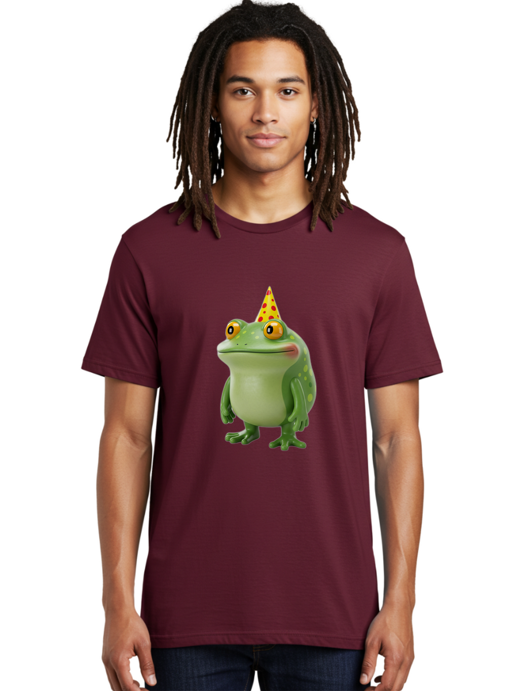 Party-Frog-Hat Men'S Graphic Tee, 100% Cotton, Comfortable Casual Summer Wear, Machine Washable, Cartoon Frog, Birthday Party, Festive Atmosphere, Yellow Party Hat, Red Polka Dots, Large Orange Eyes, Green Amphibian, Fun Celebration, Bac214