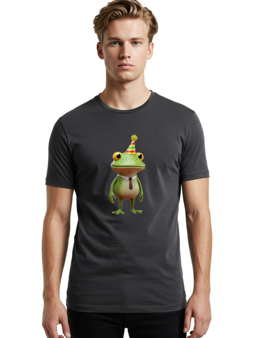Party-Frog Men'S Graphic Tee, 100% Cotton, Comfortable Casual Summer Wear, Machine Washable, Funny Cartoon Frog, Party Hat, Festive Atmosphere, Celebration Mode, Comical Character, Animated Creature, Joyful Expression, Playful Vibe, Bac215
