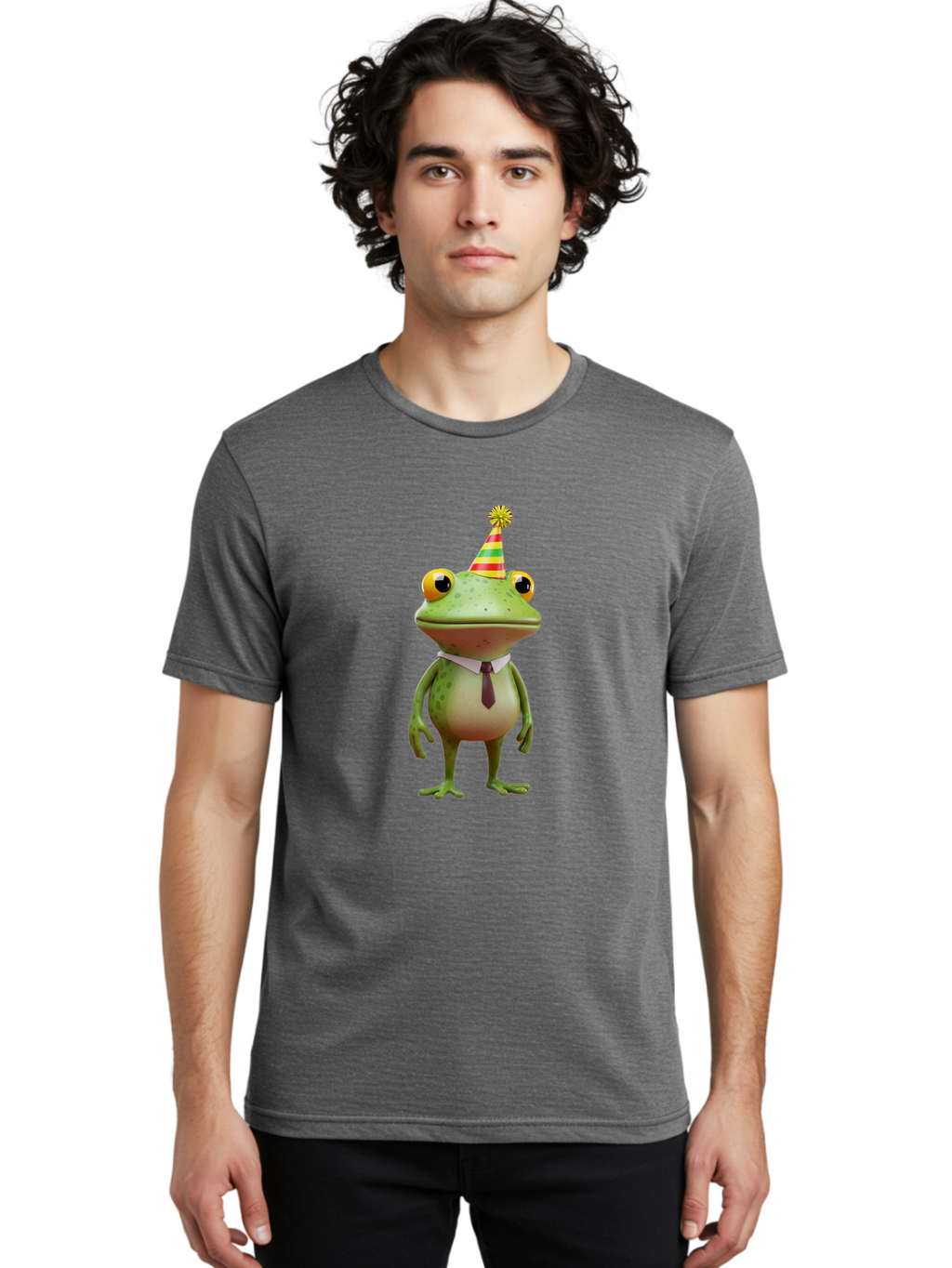 Party-Frog Men'S Graphic Tee, 100% Cotton, Comfortable Casual Summer Wear, Machine Washable, Funny Cartoon Frog, Party Hat, Festive Atmosphere, Celebration Mode, Comical Character, Animated Creature, Joyful Expression, Playful Vibe, Bac215