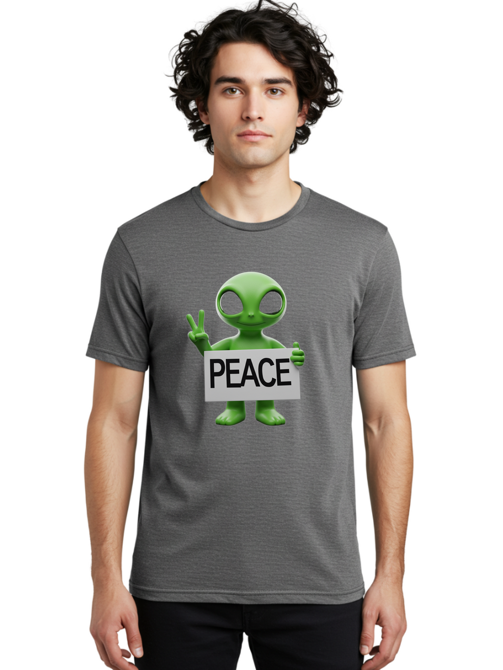 Peace-Alien Men'S Graphic Tee, 100% Cotton, Comfortable Casual Summer Wear, Machine Washable, Alien Holding Peace Sign, Extraterrestrial Being, Peace Symbol, Harmony, Unity, Alien Character, Positive Vibes, 3D Rendering, Funny Alien, Bac217