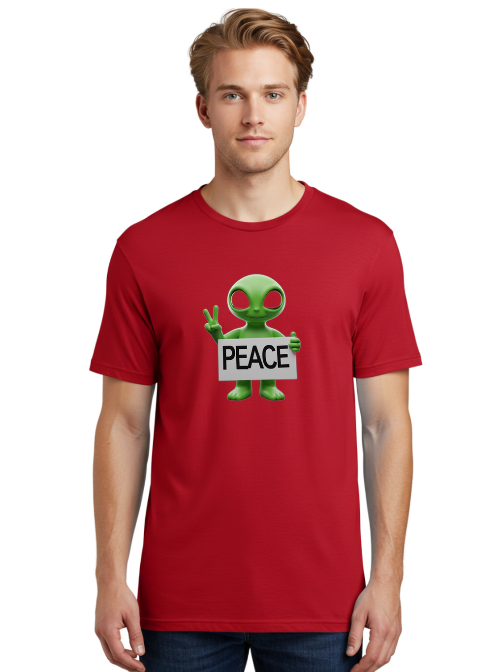 Peace-Alien Men'S Graphic Tee, 100% Cotton, Comfortable Casual Summer Wear, Machine Washable, Alien Holding Peace Sign, Extraterrestrial Being, Peace Symbol, Harmony, Unity, Alien Character, Positive Vibes, 3D Rendering, Funny Alien, Bac217