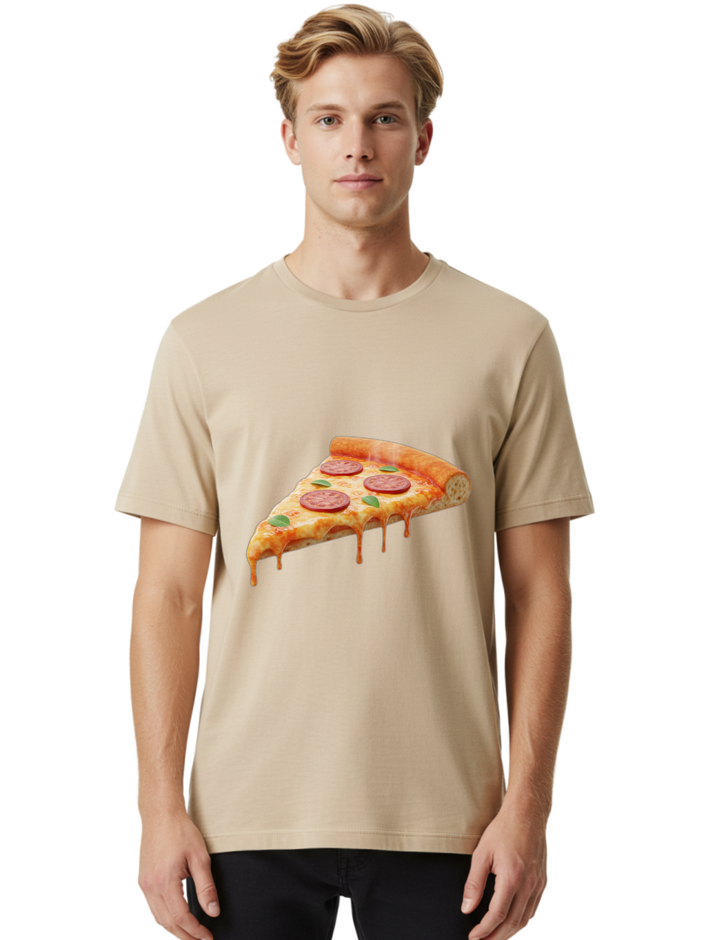 Pepperoni-Pizza-Slice-16 Men'S Graphic Tee, 100% Cotton, Comfortable Casual Summer Wear, Machine Washable, Pepperoni Pizza, Pizza Slice, Melting Cheese, Pepperoni Toppings, Basil Leaves, Italian Food, Savory Delight, Tasty Treat, Bac226