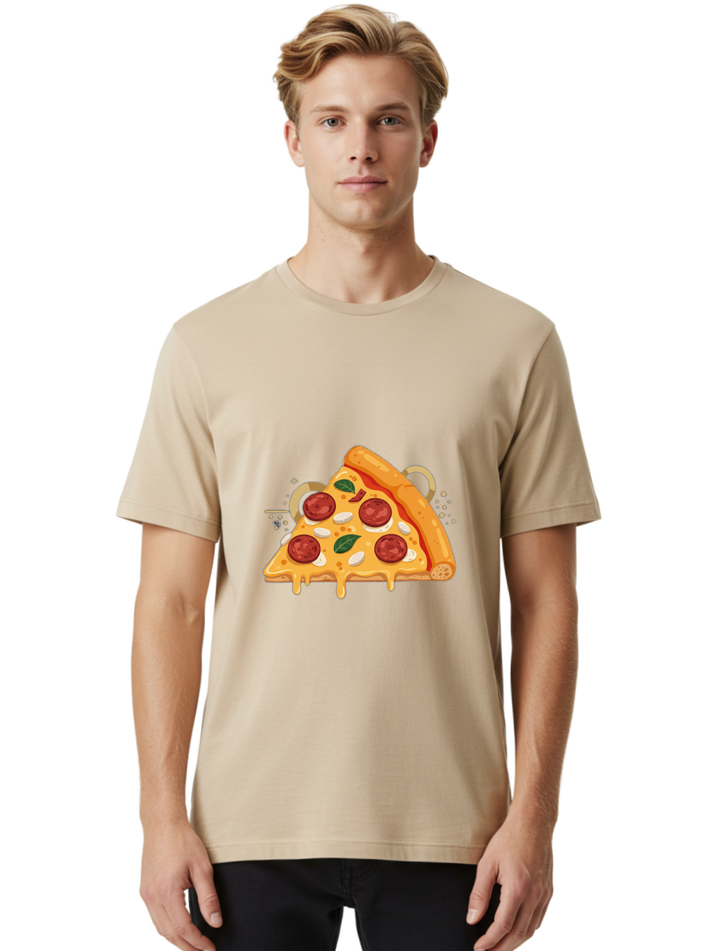 Pepperoni-Pizza-Slice-22 Men'S Graphic Tee, 100% Cotton, Comfortable Casual Summer Wear, Machine Washable, Pepperoni Pizza, Cheesy Goodness, Melted Cheese, Italian Cuisine, Savory Flavors, Appetizing Treat, Food Illustration, Bac233