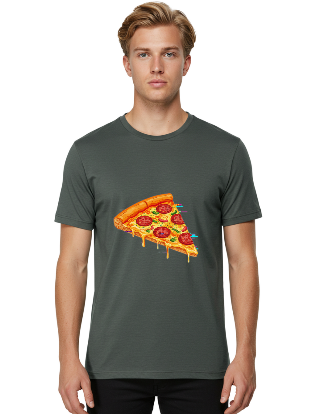 Pepperoni-Pizza-Slice-23 Men'S Graphic Tee, 100% Cotton, Comfortable Casual Summer Wear, Machine Washable, Pepperoni Pizza, Cheese Pizza, Pizza Slice, Melted Cheese, Pepperoni Toppings, Glitch Art, Distorted Image, Digital Art, Modern Design, Bac234