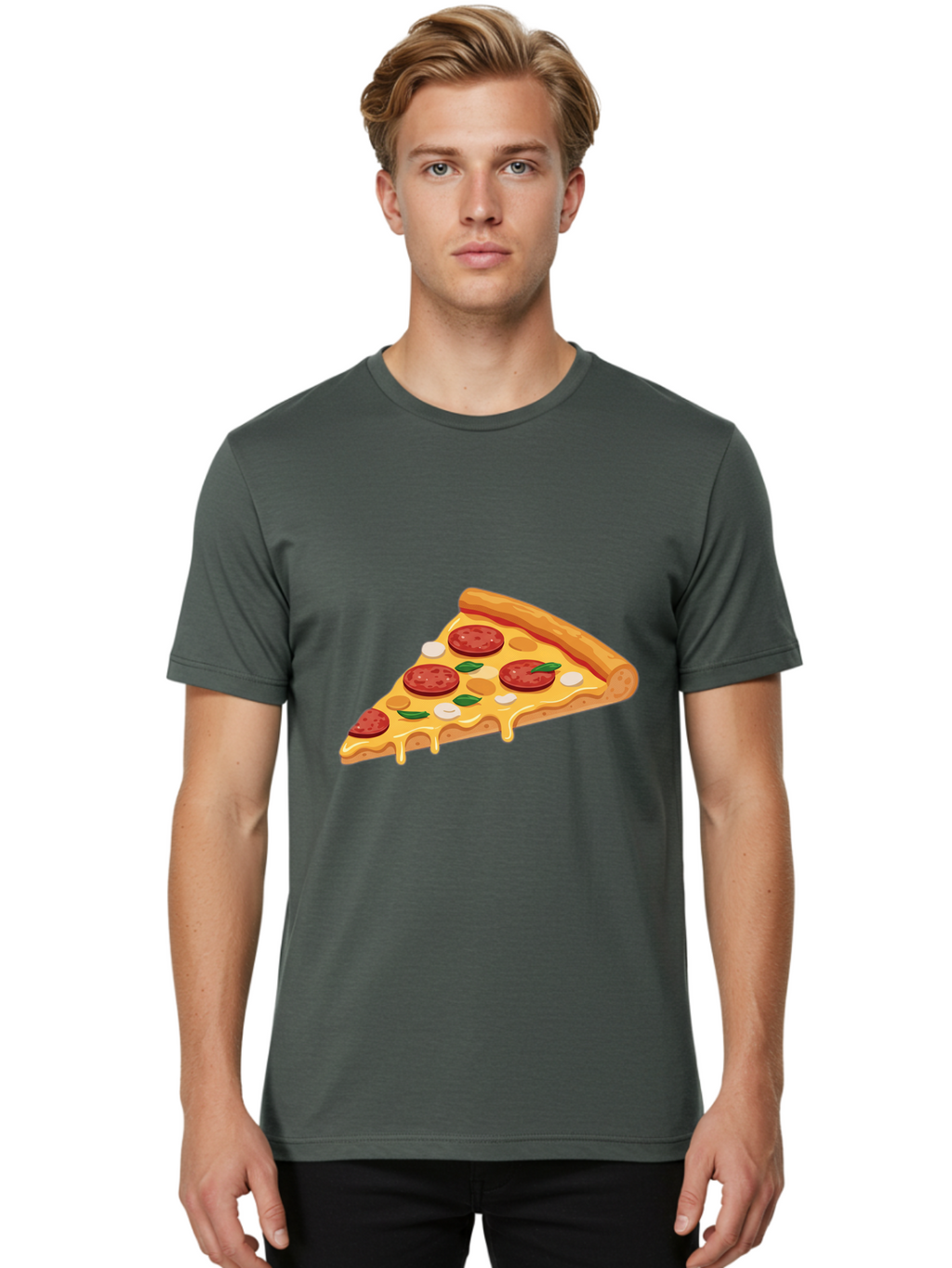 Pepperoni-Pizza-Slice-5 Men'S Graphic Tee, 100% Cotton, Comfortable Casual Summer Wear, Machine Washable, Pepperoni Pizza, Pizza Slice, Melted Cheese, Pepperoni, Basil, Garlic, Italian Food, Cheesy Goodness, Tasty Pizza, Food Illustration Bac237