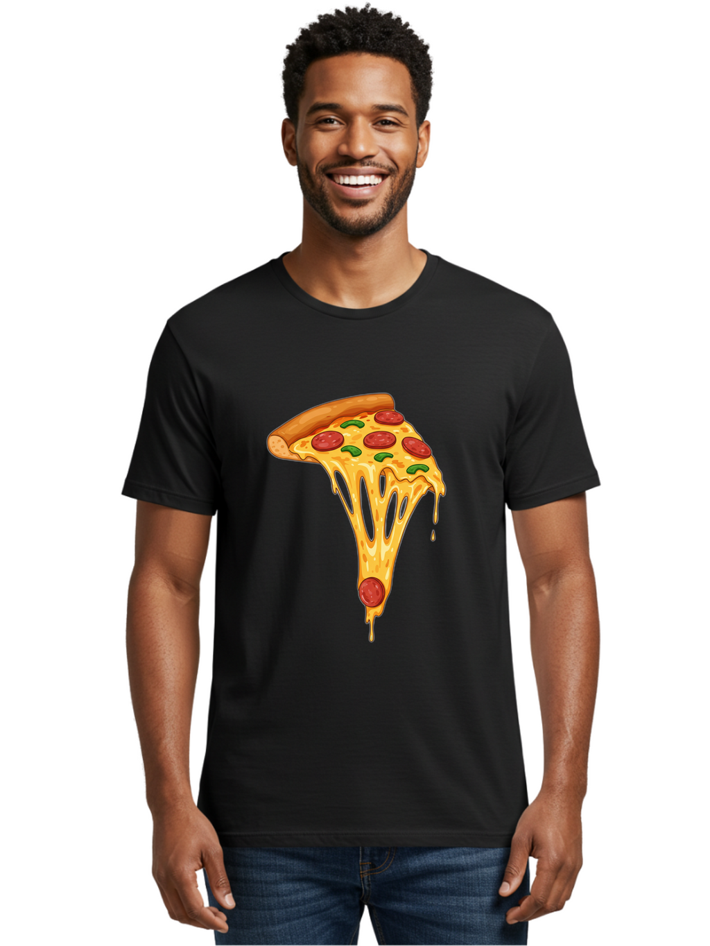 Pepperoni-Pizza-Slice-6 Men'S Graphic Tee, 100% Cotton, Comfortable Casual Summer Wear, Machine Washable, Pepperoni Pizza, Cheesy Goodness, Melted Cheese, Green Peppers, Savory Delight, Italian Cuisine, Foodie Favorite, Pizza Love, Bac238