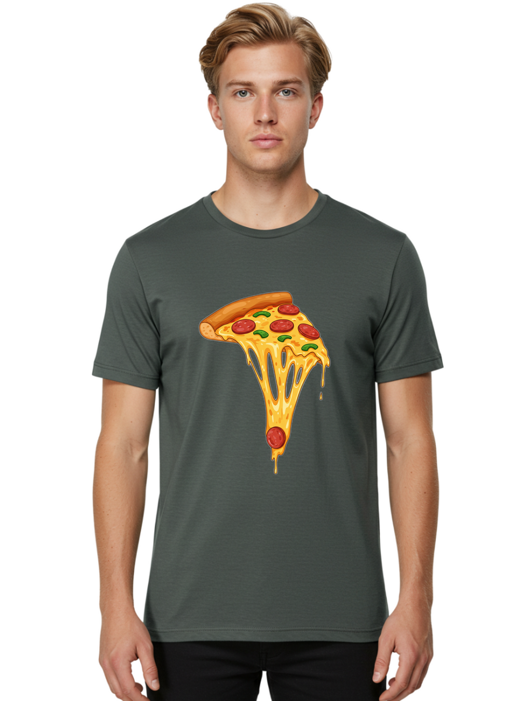 Pepperoni-Pizza-Slice-6 Men'S Graphic Tee, 100% Cotton, Comfortable Casual Summer Wear, Machine Washable, Pepperoni Pizza, Cheesy Goodness, Melted Cheese, Green Peppers, Savory Delight, Italian Cuisine, Foodie Favorite, Pizza Love, Bac238