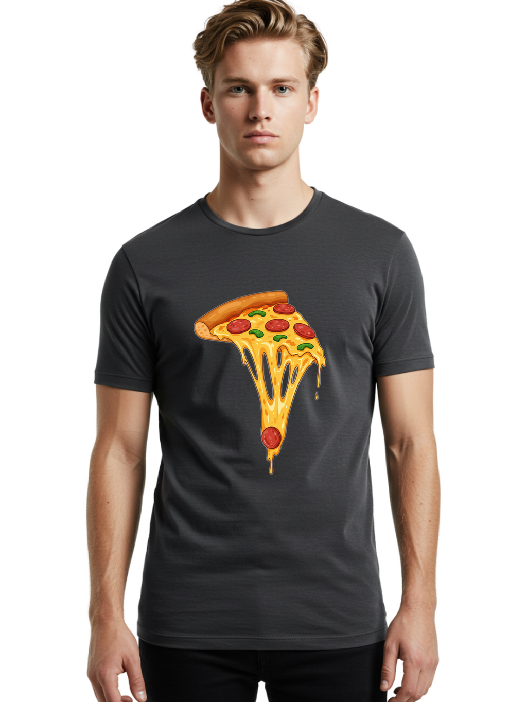 Pepperoni-Pizza-Slice-6 Men'S Graphic Tee, 100% Cotton, Comfortable Casual Summer Wear, Machine Washable, Pepperoni Pizza, Cheesy Goodness, Melted Cheese, Green Peppers, Savory Delight, Italian Cuisine, Foodie Favorite, Pizza Love, Bac238