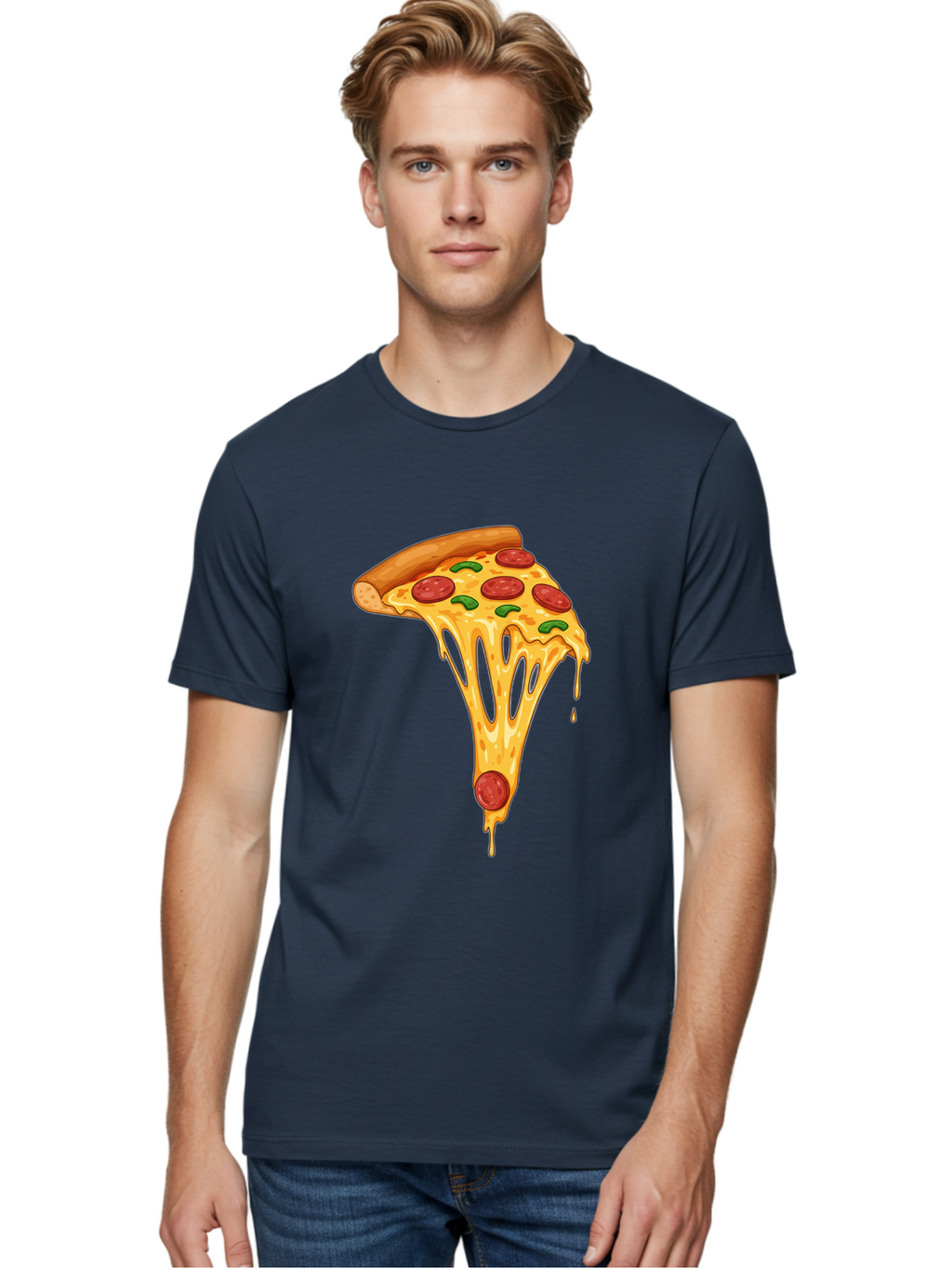 Pepperoni-Pizza-Slice-6 Men'S Graphic Tee, 100% Cotton, Comfortable Casual Summer Wear, Machine Washable, Pepperoni Pizza, Cheesy Goodness, Melted Cheese, Green Peppers, Savory Delight, Italian Cuisine, Foodie Favorite, Pizza Love, Bac238