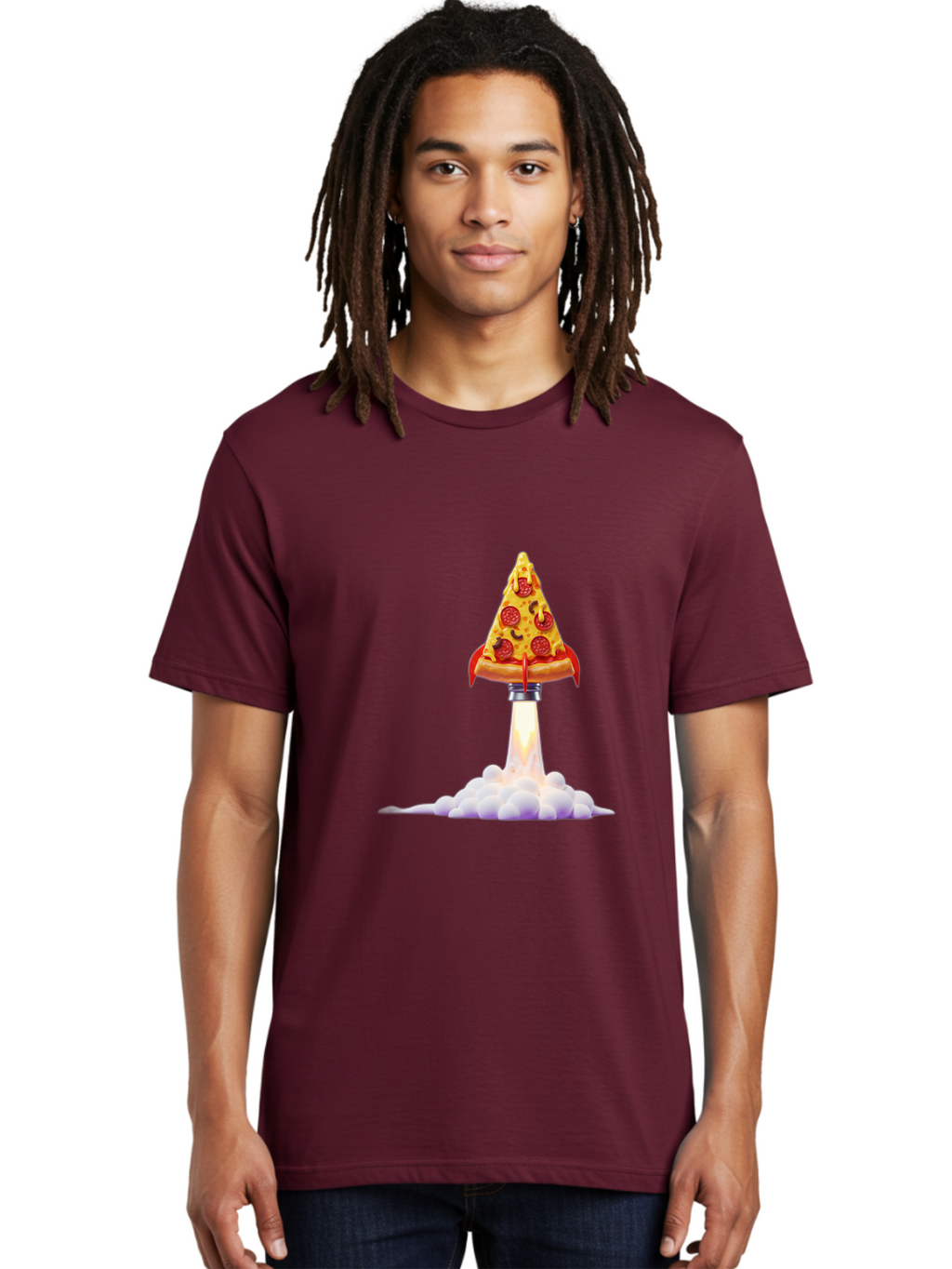 Pepperoni-Pizza-Slice-Rocket Men'S Graphic Tee, 100% Cotton, Comfortable Casual Summer Wear, Machine Washable, Pepperoni Pizza Slice, Rocket Launch, Food Art, Cartoon Style, Funny Illustration, Melted Cheese, Spicy Toppings, Creative Design Bac242