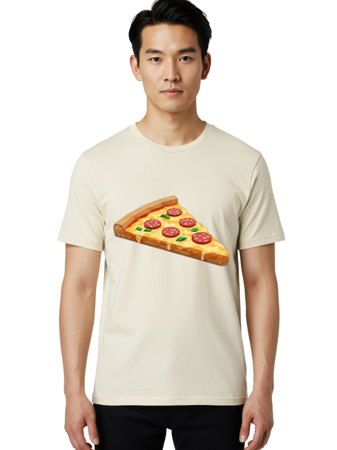 Pepperoni-Pizza-Slice Men'S Graphic Tee, 100% Cotton, Comfortable Casual Summer Wear, Machine Washable, Pepperoni Pizza, Melted Cheese, Green Basil Leaves, Pizza Slice, Cheesy Goodness, Savory Flavors, Food Illustration, Cartoon Style Bac243
