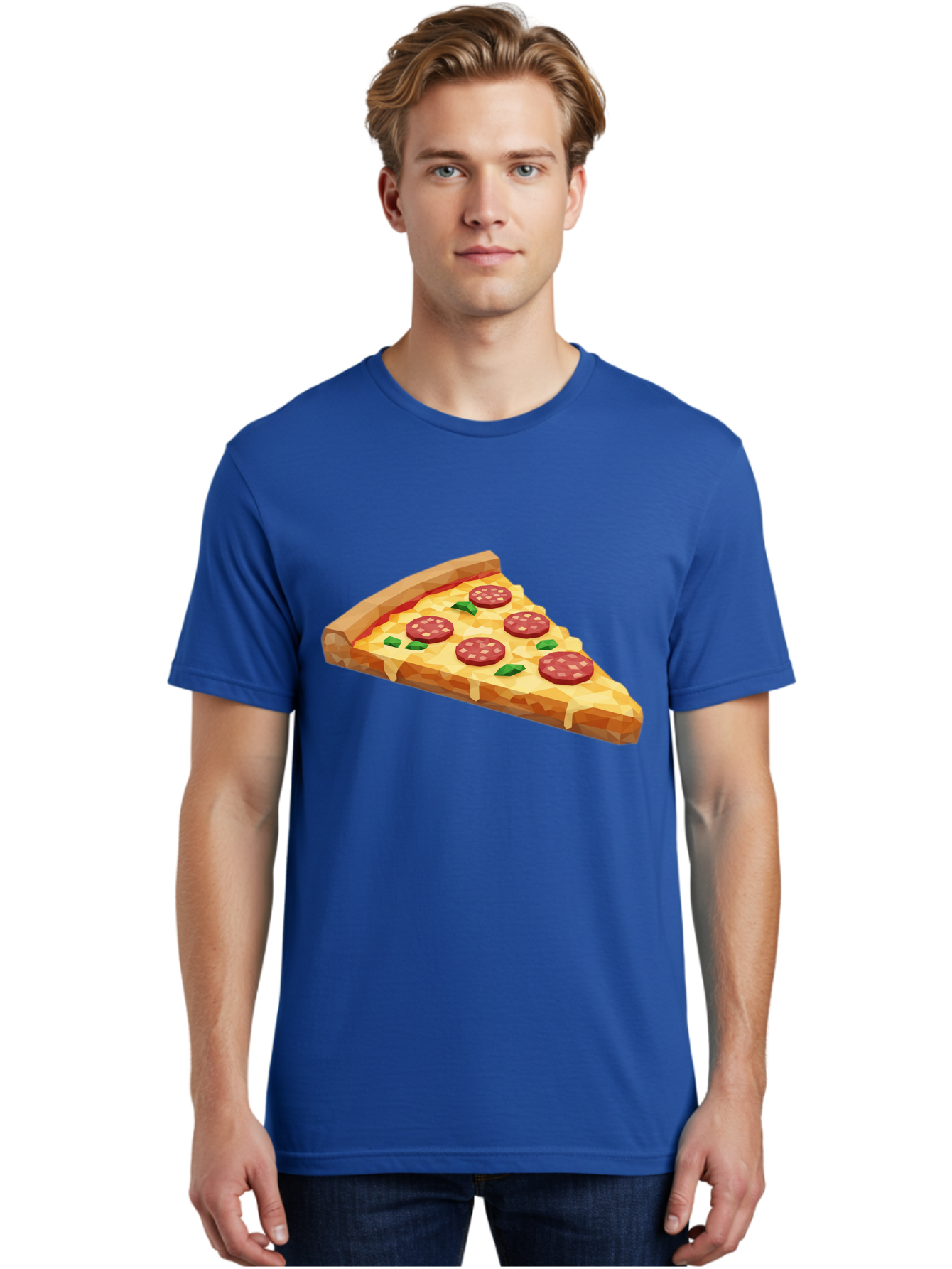 Pepperoni-Pizza-Slice Men'S Graphic Tee, 100% Cotton, Comfortable Casual Summer Wear, Machine Washable, Pepperoni Pizza, Melted Cheese, Green Basil Leaves, Pizza Slice, Cheesy Goodness, Savory Flavors, Food Illustration, Cartoon Style Bac243