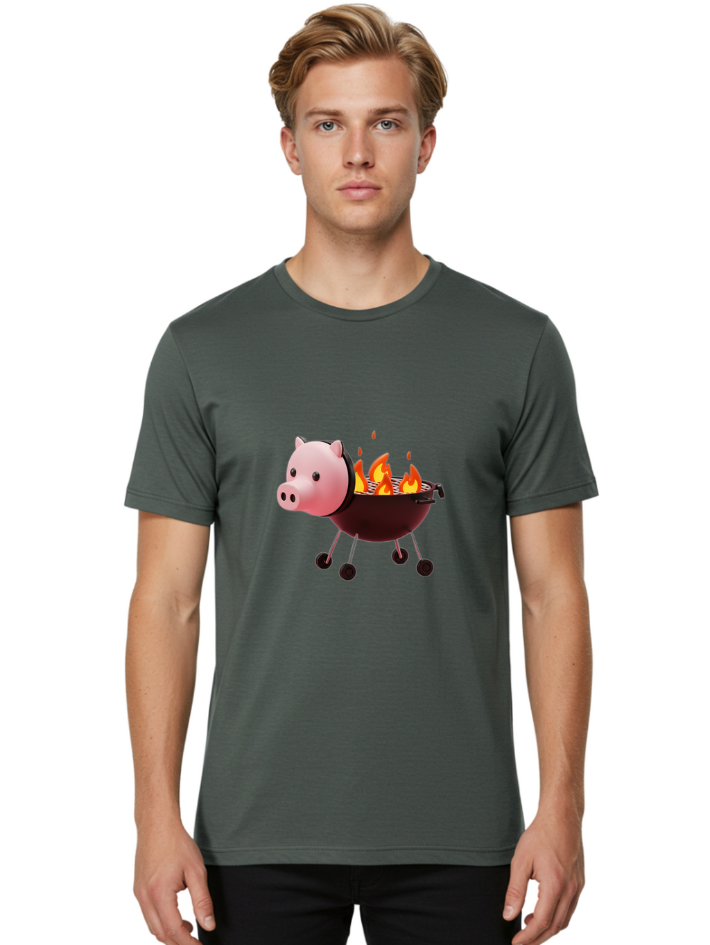 Pig-Head-On-Grill Men'S Graphic Tee, 100% Cotton, Comfortable Casual Summer Wear, Machine Washable, Pig Shaped Barbecue Grill, Barbecue Cooking, Grilling Meat, Cartoon Pig, Grill With Flames, Playful Kitchen Decor, Whimsical Design, Bac244