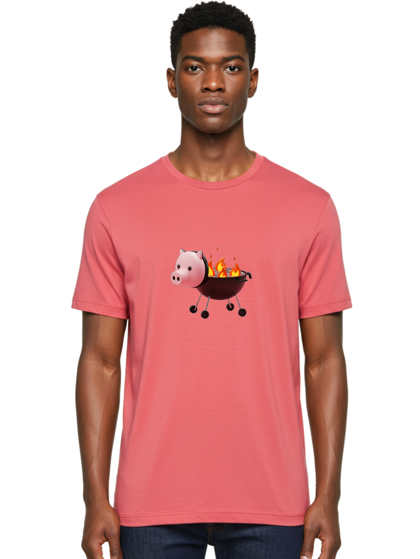 Pig-Head-On-Grill Men'S Graphic Tee, 100% Cotton, Comfortable Casual Summer Wear, Machine Washable, Pig Shaped Barbecue Grill, Barbecue Cooking, Grilling Meat, Cartoon Pig, Grill With Flames, Playful Kitchen Decor, Whimsical Design, Bac244