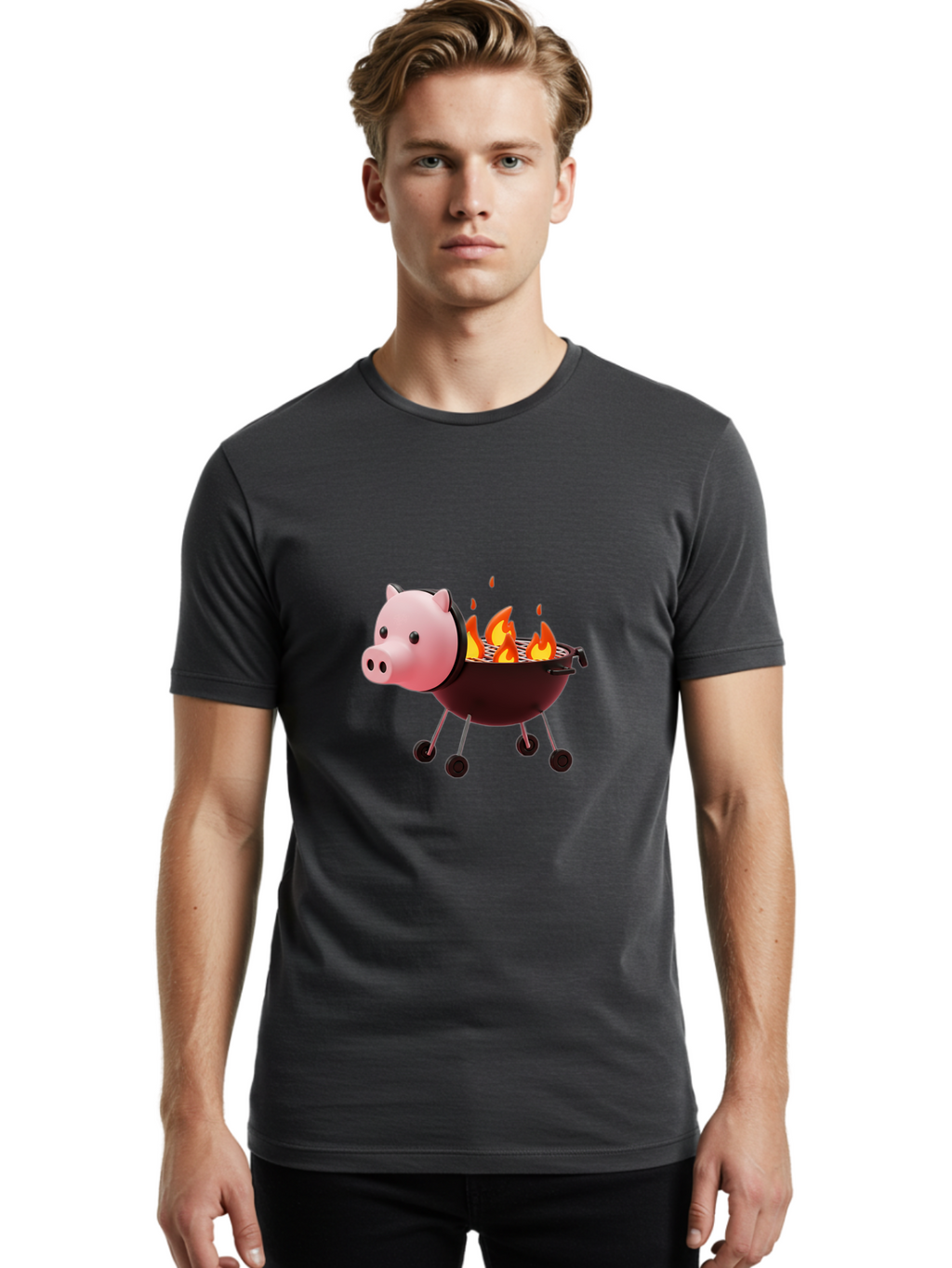 Pig-Head-On-Grill Men'S Graphic Tee, 100% Cotton, Comfortable Casual Summer Wear, Machine Washable, Pig Shaped Barbecue Grill, Barbecue Cooking, Grilling Meat, Cartoon Pig, Grill With Flames, Playful Kitchen Decor, Whimsical Design, Bac244