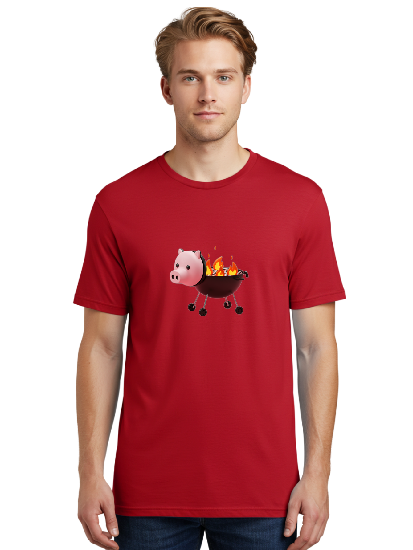 Pig-Head-On-Grill Men'S Graphic Tee, 100% Cotton, Comfortable Casual Summer Wear, Machine Washable, Pig Shaped Barbecue Grill, Barbecue Cooking, Grilling Meat, Cartoon Pig, Grill With Flames, Playful Kitchen Decor, Whimsical Design, Bac244