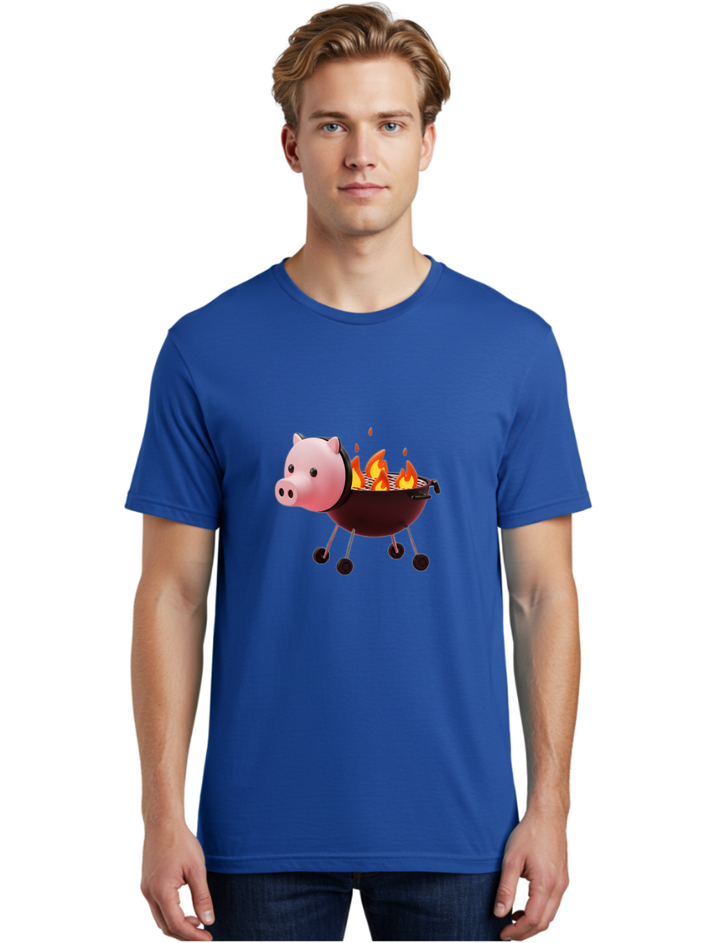 Pig-Head-On-Grill Men'S Graphic Tee, 100% Cotton, Comfortable Casual Summer Wear, Machine Washable, Pig Shaped Barbecue Grill, Barbecue Cooking, Grilling Meat, Cartoon Pig, Grill With Flames, Playful Kitchen Decor, Whimsical Design, Bac244