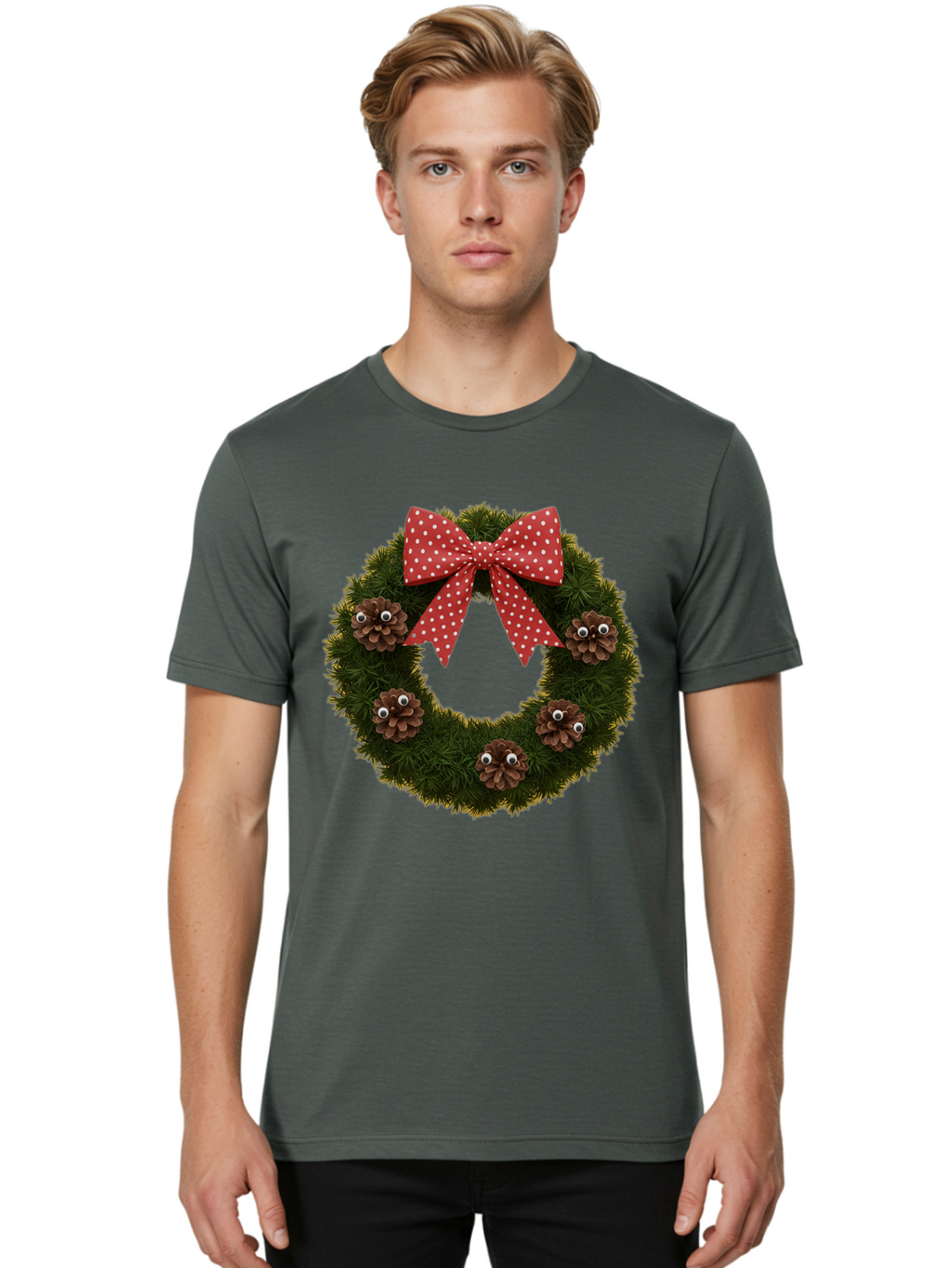 Pinecone-Wreath Men'S Graphic Tee, 100% Cotton, Comfortable Casual Summer Wear, Machine Washable, Christmas Wreath With Pinecones, Red Bow, White Polka Dots, Holiday Decoration, Festive Decor, Christmas Tree Branches, Bac246
