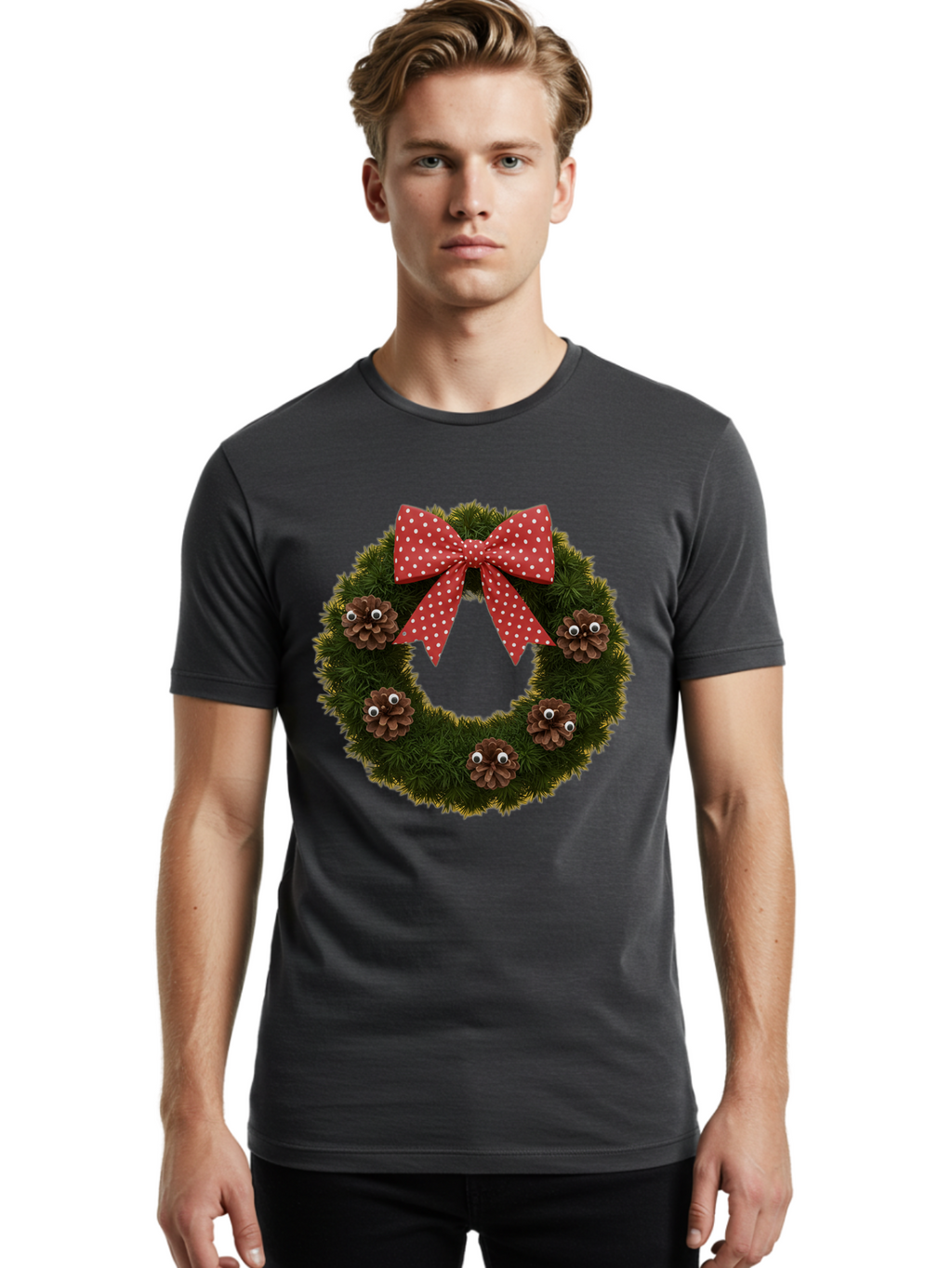 Pinecone-Wreath Men'S Graphic Tee, 100% Cotton, Comfortable Casual Summer Wear, Machine Washable, Christmas Wreath With Pinecones, Red Bow, White Polka Dots, Holiday Decoration, Festive Decor, Christmas Tree Branches, Bac246