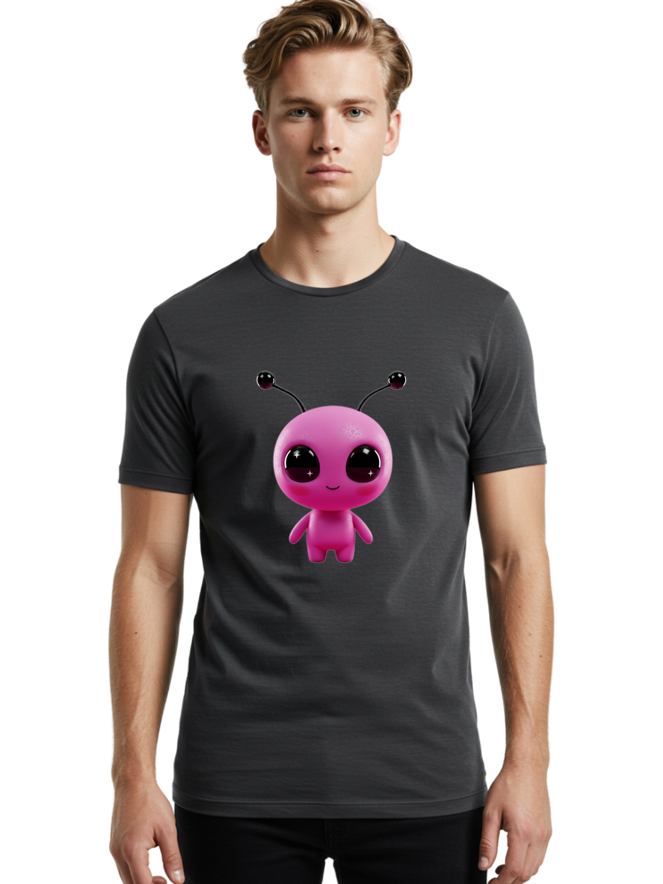 Pink-Alien Men'S Graphic Tee, 100% Cotton, Comfortable Casual Summer Wear, Machine Washable, Pink Alien Character, Cartoon Alien, Alien Figure, Cute Extraterrestrial, Adorable Cartoon Character, 3D Render, Shiny Eyes, Smiling Face, Bac247