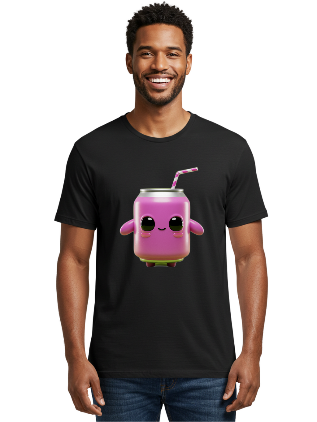 Pink-Can-Character Men'S Graphic Tee, 100% Cotton, Comfortable Casual Summer Wear, Machine Washable, Pink Soda Can Character, Cartoon Soda Can, Cute Beverage, Kawaii Culture, Soda Can With Face, Straw In Can, Soft Drink Mascot, Fun Drink, Bac248
