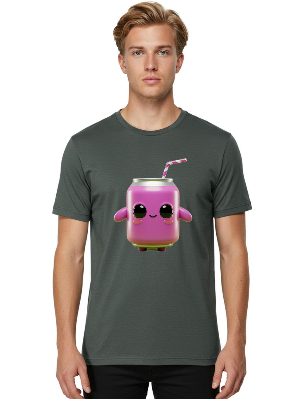 Pink-Can-Character Men'S Graphic Tee, 100% Cotton, Comfortable Casual Summer Wear, Machine Washable, Pink Soda Can Character, Cartoon Soda Can, Cute Beverage, Kawaii Culture, Soda Can With Face, Straw In Can, Soft Drink Mascot, Fun Drink, Bac248