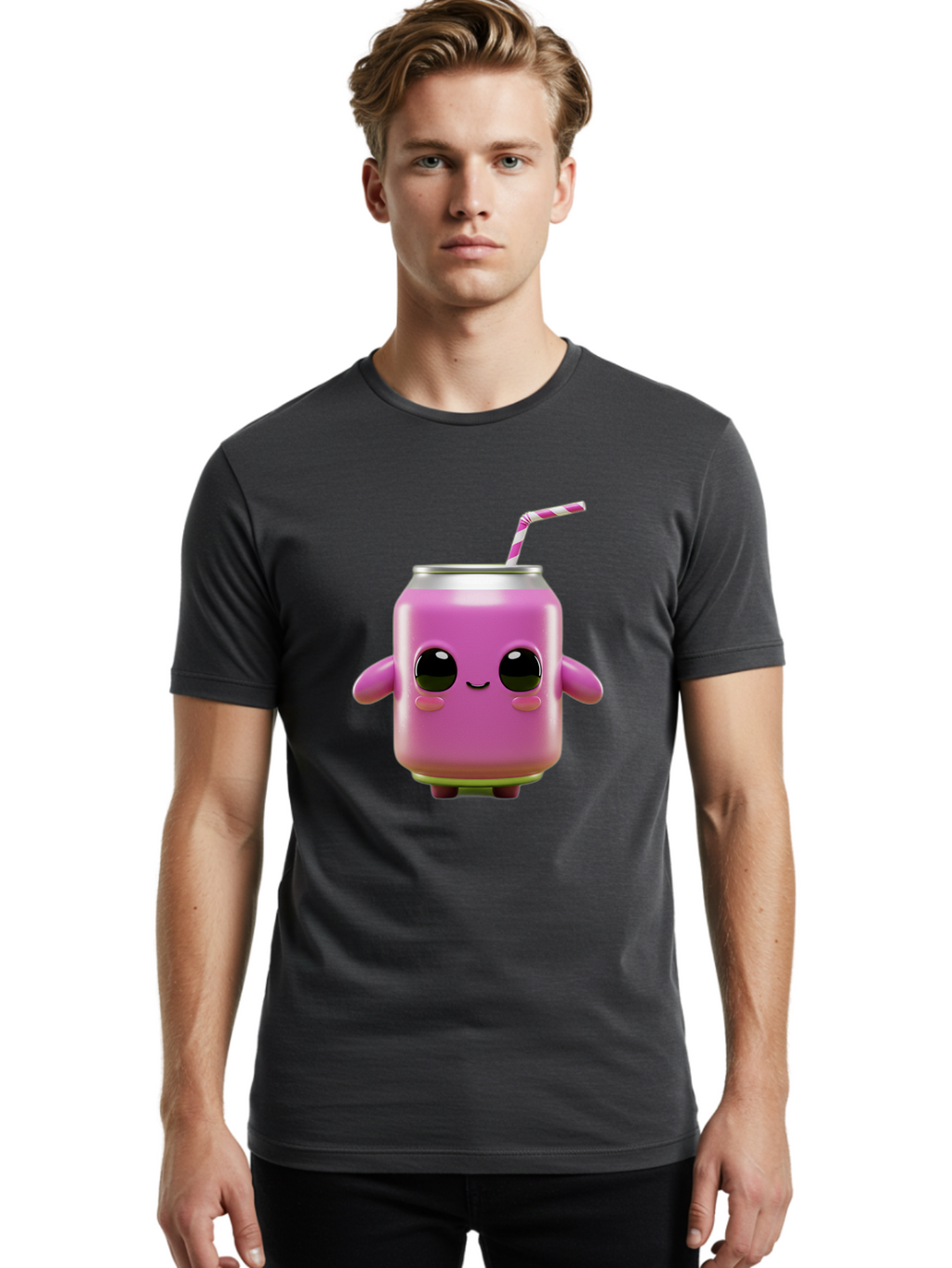 Pink-Can-Character Men'S Graphic Tee, 100% Cotton, Comfortable Casual Summer Wear, Machine Washable, Pink Soda Can Character, Cartoon Soda Can, Cute Beverage, Kawaii Culture, Soda Can With Face, Straw In Can, Soft Drink Mascot, Fun Drink, Bac248