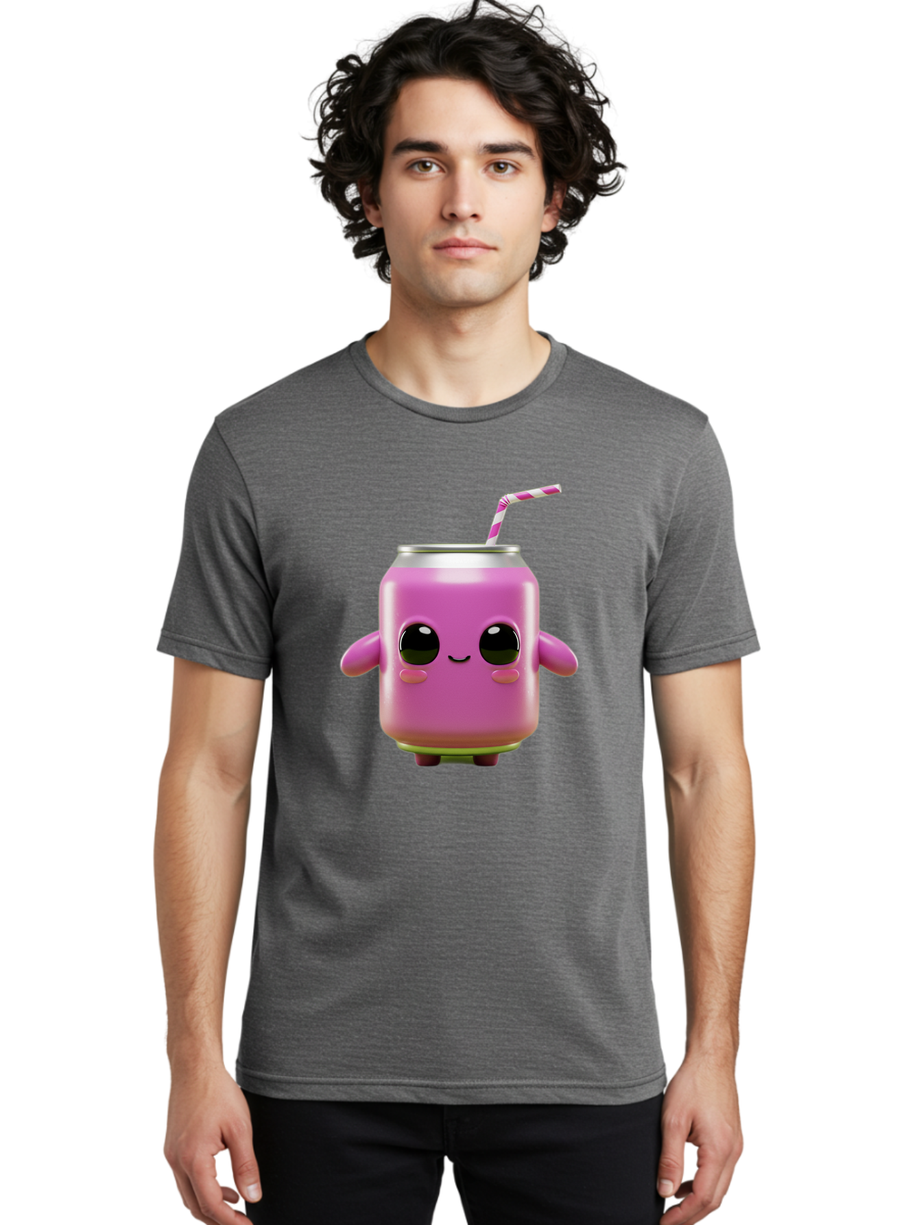 Pink-Can-Character Men'S Graphic Tee, 100% Cotton, Comfortable Casual Summer Wear, Machine Washable, Pink Soda Can Character, Cartoon Soda Can, Cute Beverage, Kawaii Culture, Soda Can With Face, Straw In Can, Soft Drink Mascot, Fun Drink, Bac248