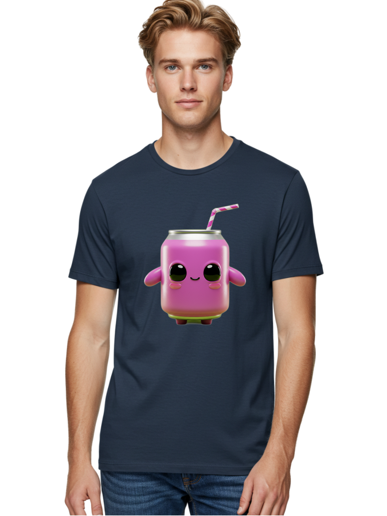 Pink-Can-Character Men'S Graphic Tee, 100% Cotton, Comfortable Casual Summer Wear, Machine Washable, Pink Soda Can Character, Cartoon Soda Can, Cute Beverage, Kawaii Culture, Soda Can With Face, Straw In Can, Soft Drink Mascot, Fun Drink, Bac248