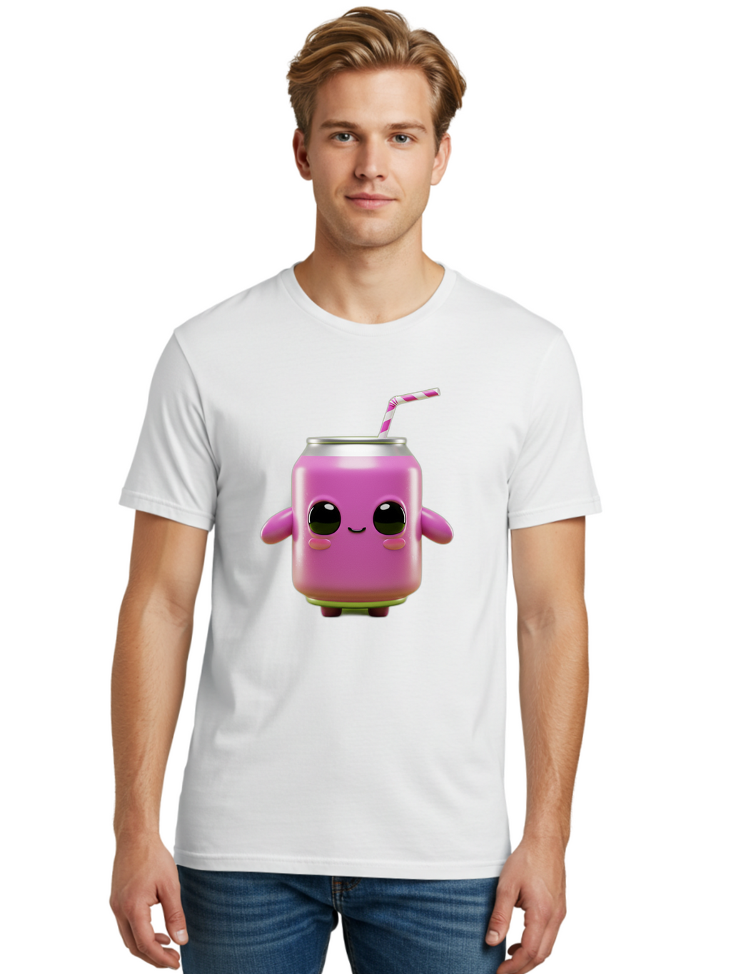 Pink-Can-Character Men'S Graphic Tee, 100% Cotton, Comfortable Casual Summer Wear, Machine Washable, Pink Soda Can Character, Cartoon Soda Can, Cute Beverage, Kawaii Culture, Soda Can With Face, Straw In Can, Soft Drink Mascot, Fun Drink, Bac248