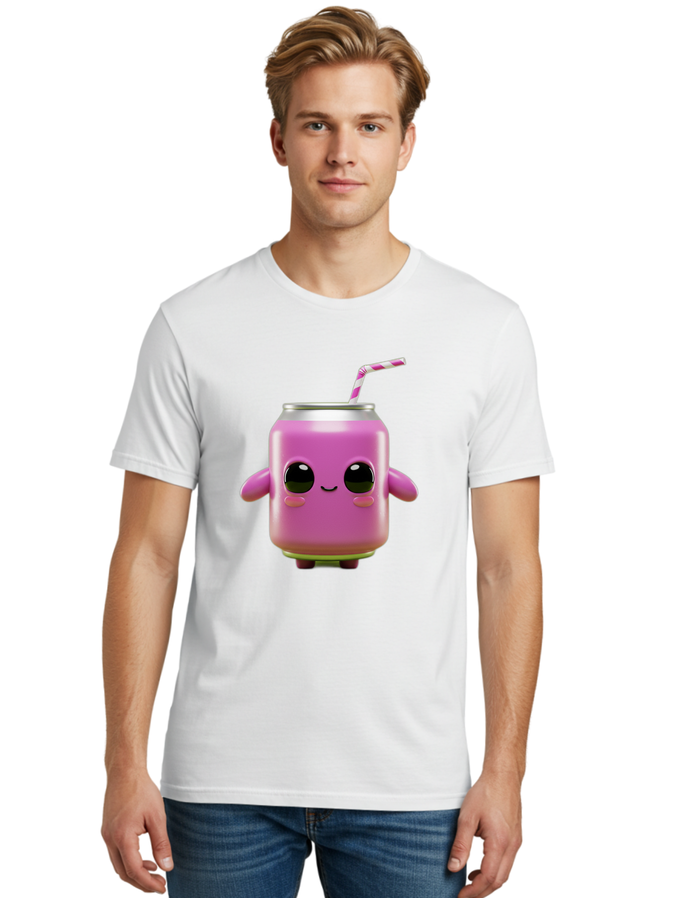 Pink-Can-Character Men'S Graphic Tee, 100% Cotton, Comfortable Casual Summer Wear, Machine Washable, Pink Soda Can Character, Cartoon Soda Can, Cute Beverage, Kawaii Culture, Soda Can With Face, Straw In Can, Soft Drink Mascot, Fun Drink, Bac248