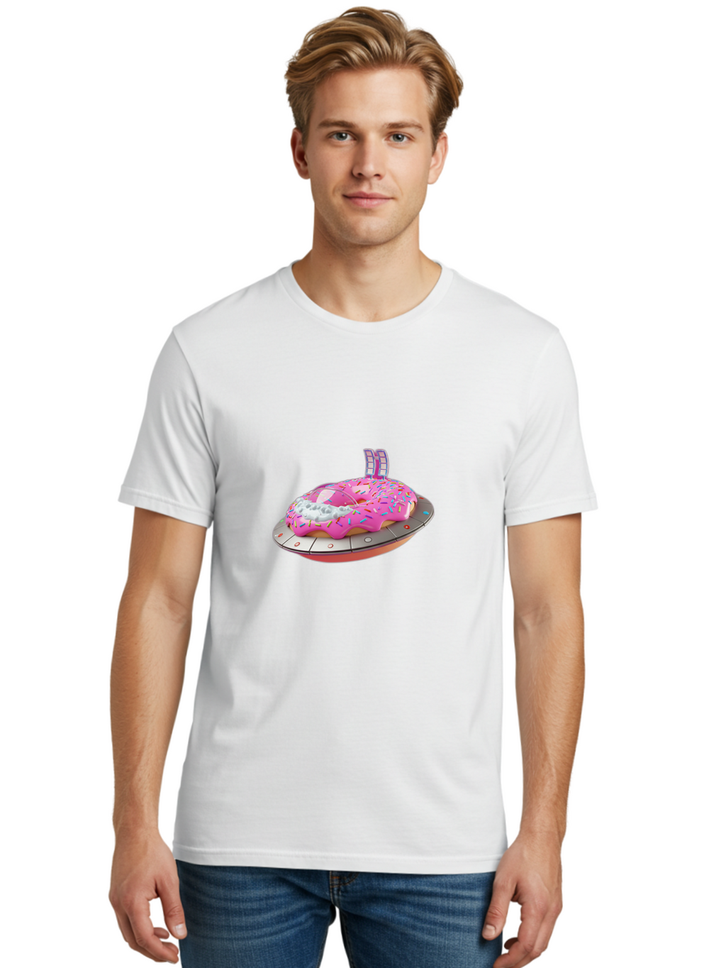 Pink-Donut-Ufo Men'S Graphic Tee, 100% Cotton, Comfortable Casual Summer Wear, Machine Washable, Donut On A Ufo, Pink Frosted Donut, Sprinkles, Digital Art, Futuristic Design, Sweet Treats, Dessert Art, Colorful Graphics, 3D Modeling, Bac249