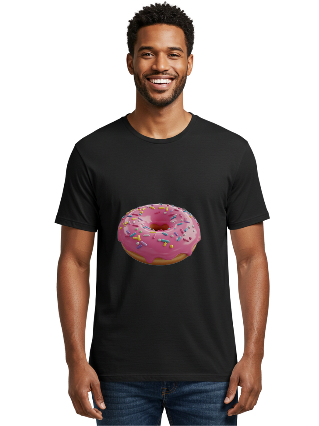 Pink-Frosted-Donut Men'S Graphic Tee, 100% Cotton, Comfortable Casual Summer Wear, Machine Washable, Pink Donut, Colorful Sprinkles, Sweet Treats, Glazed Donut, Bakery Delights, Doughnut, Tasty, Frosted, Sprinkles, Dessert Bac251