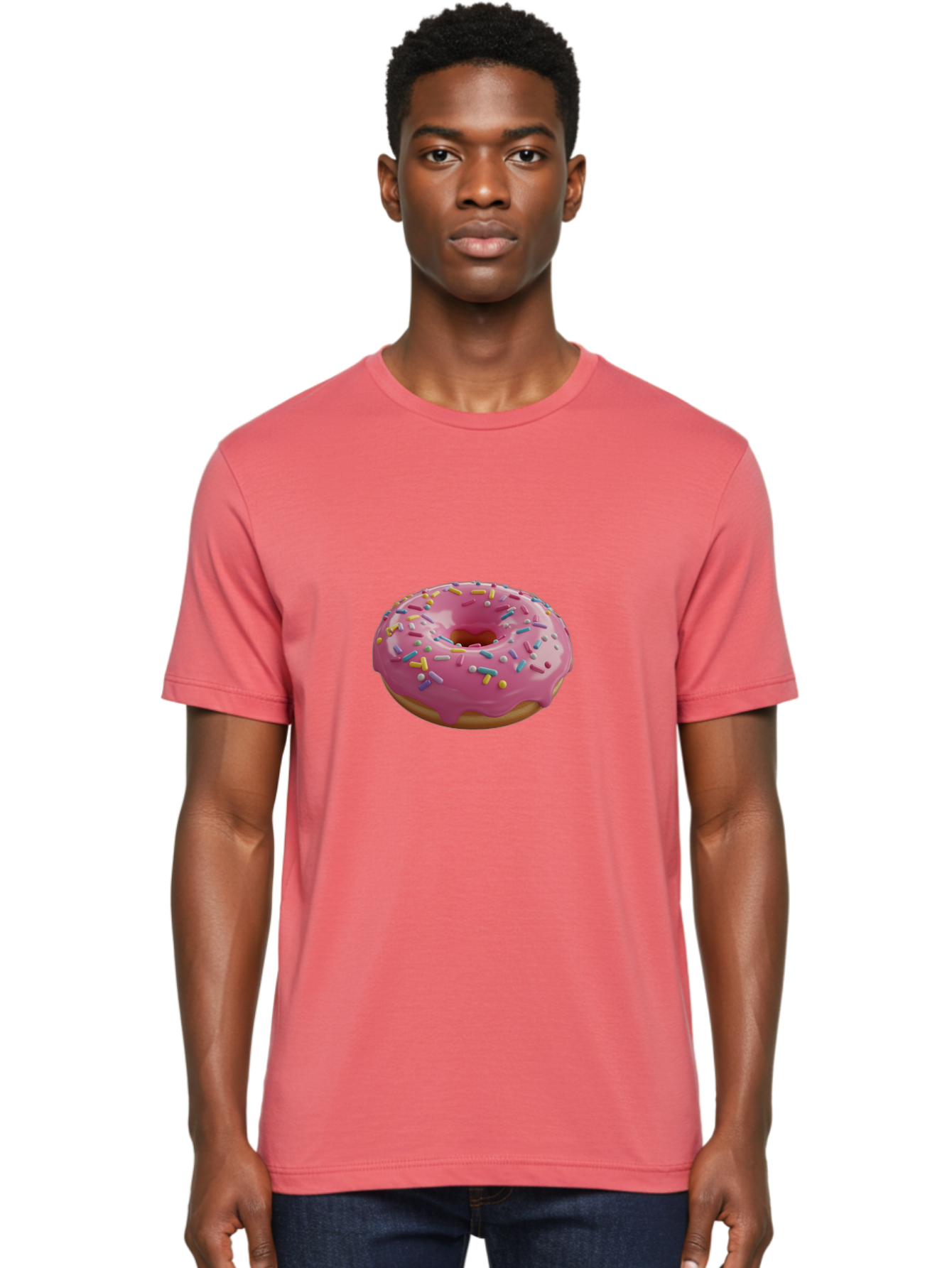 Pink-Frosted-Donut Men'S Graphic Tee, 100% Cotton, Comfortable Casual Summer Wear, Machine Washable, Pink Donut, Colorful Sprinkles, Sweet Treats, Glazed Donut, Bakery Delights, Doughnut, Tasty, Frosted, Sprinkles, Dessert Bac251