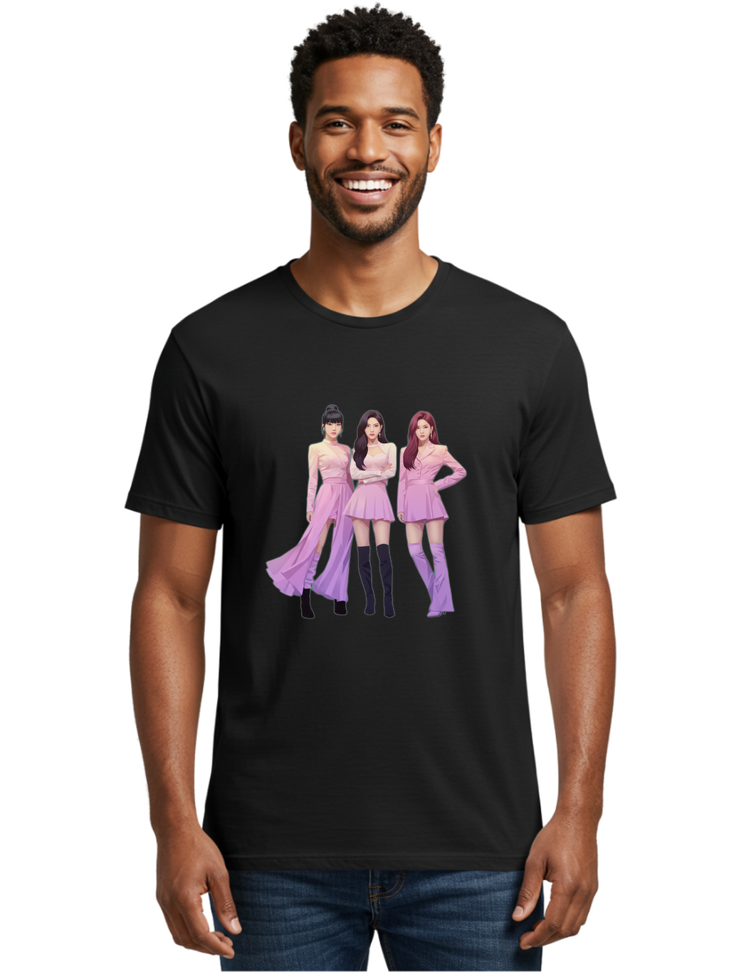 Pink-Ladies Men'S Graphic Tee, 100% Cotton, Comfortable Casual Summer Wear, Machine Washable, K-Pop Group, Female Idols, Pastel Pink Outfits, Elegant Attire, Flowing Dresses, Long Boots, Fashion Icons, Group Pose, Confident Stance, Bac252